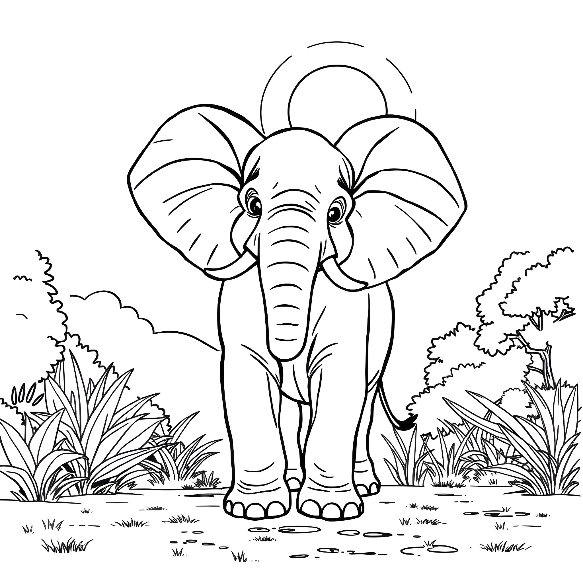 Elephant standing in the forest Coloring Page (free black-and-white line drawing printable PDF for all, from beginners to advanced learners, including children, teens, adults, and seniors)