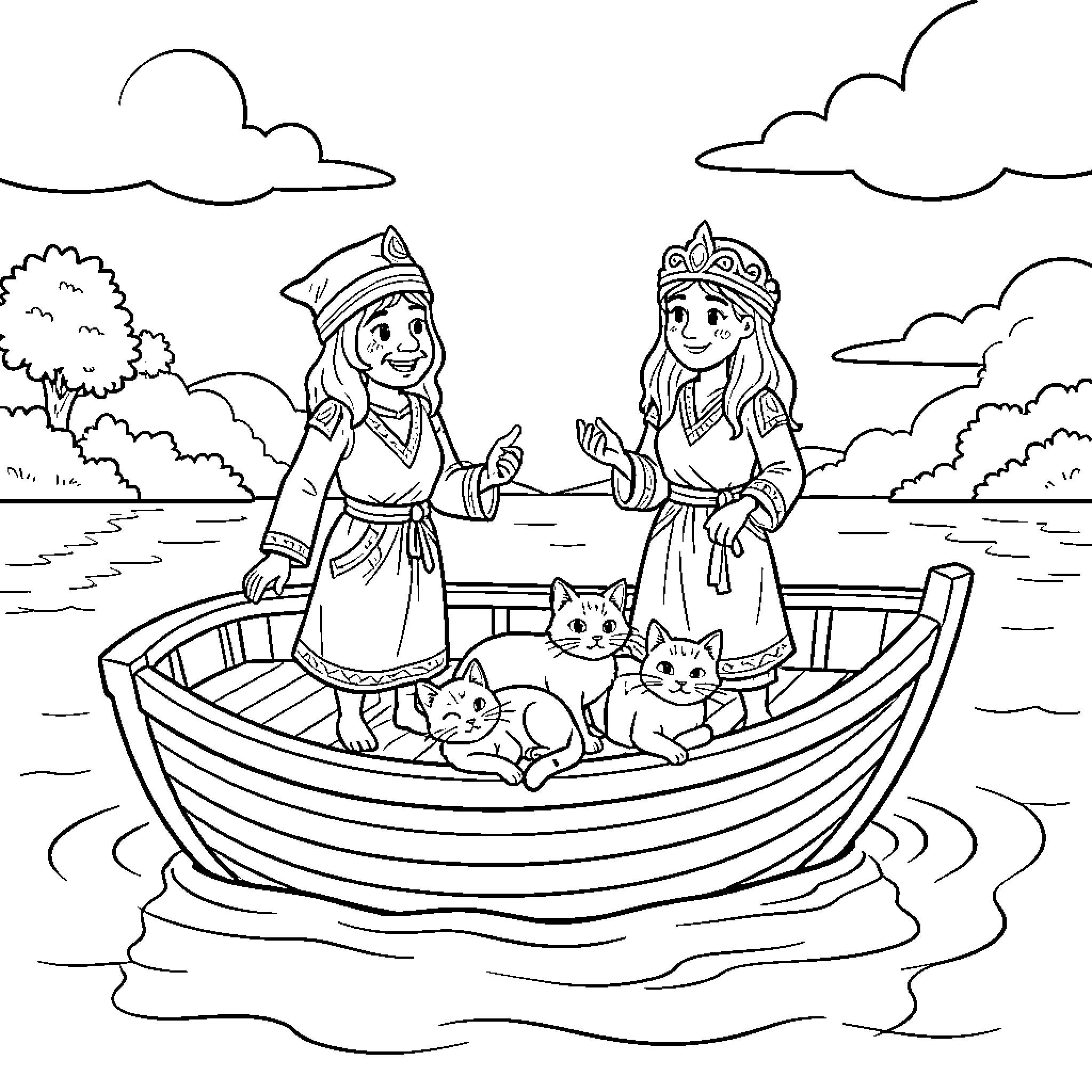 Boat carrying smiling girls and playful kittens Coloring Page (free black-and-white line drawing printable PDF for all, from beginners to advanced learners, including children, teens, adults, and seniors)