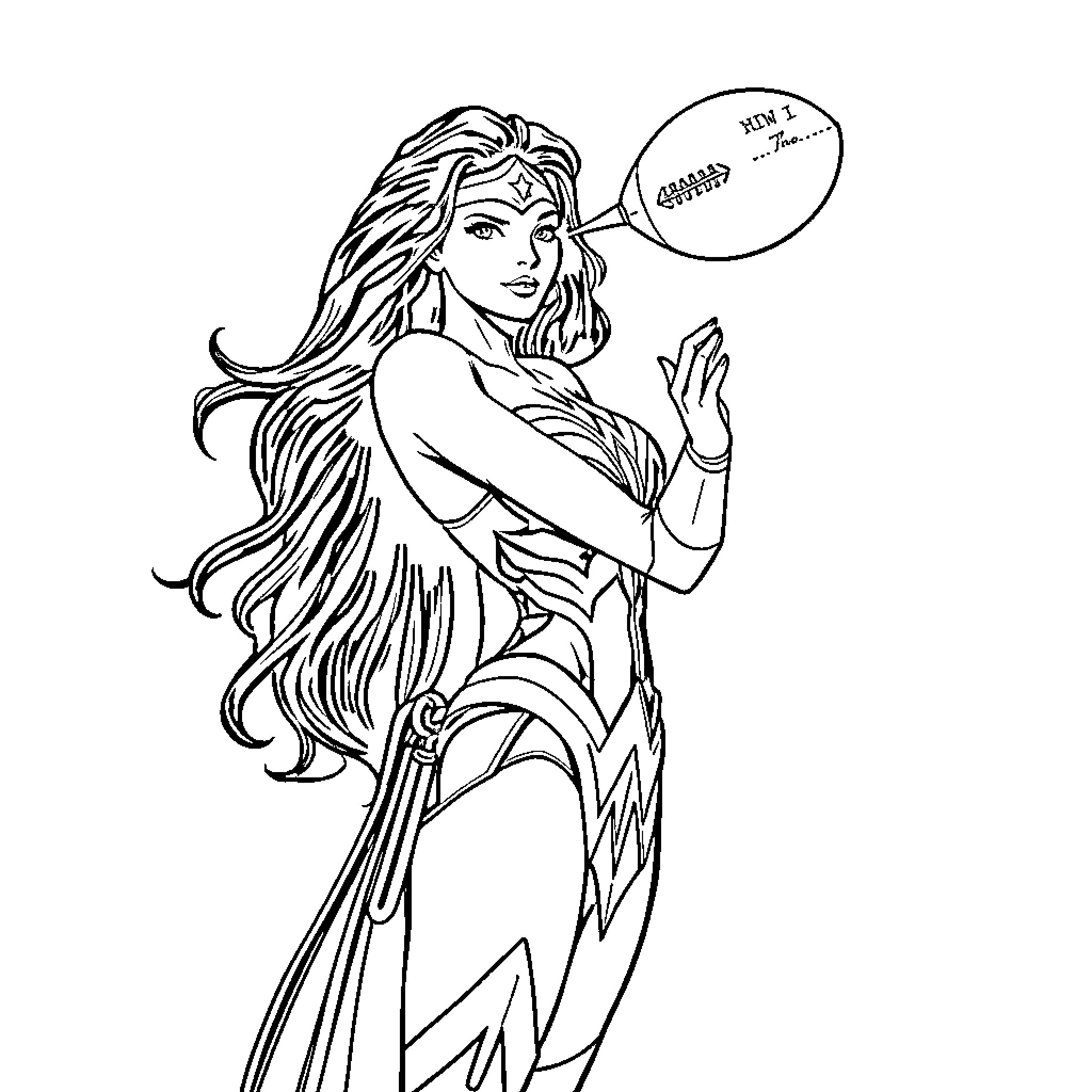 Wonder Woman in heroic pose with speech bubble Coloring Page (free black-and-white line drawing printable PDF for all, from beginners to advanced learners, including children, teens, adults, and seniors)