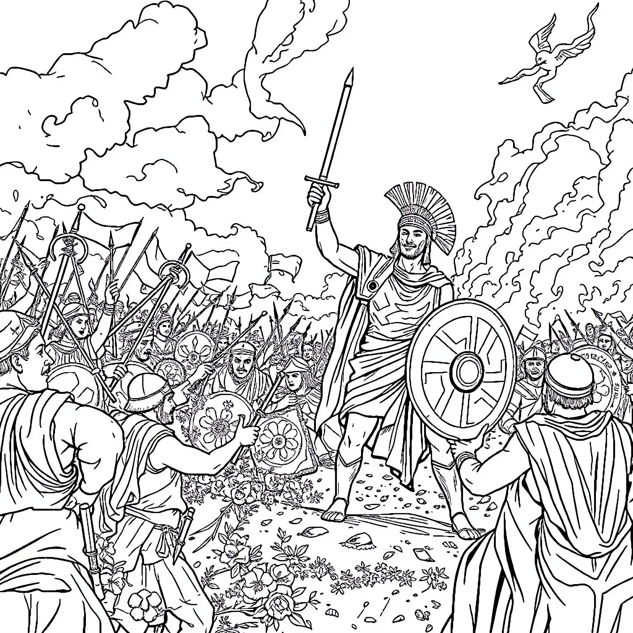 Decebal Leading His Warriors in a Battle Coloring Page (free black-and-white line drawing printable PDF for all, from beginners to advanced learners, including children, teens, adults, and seniors)