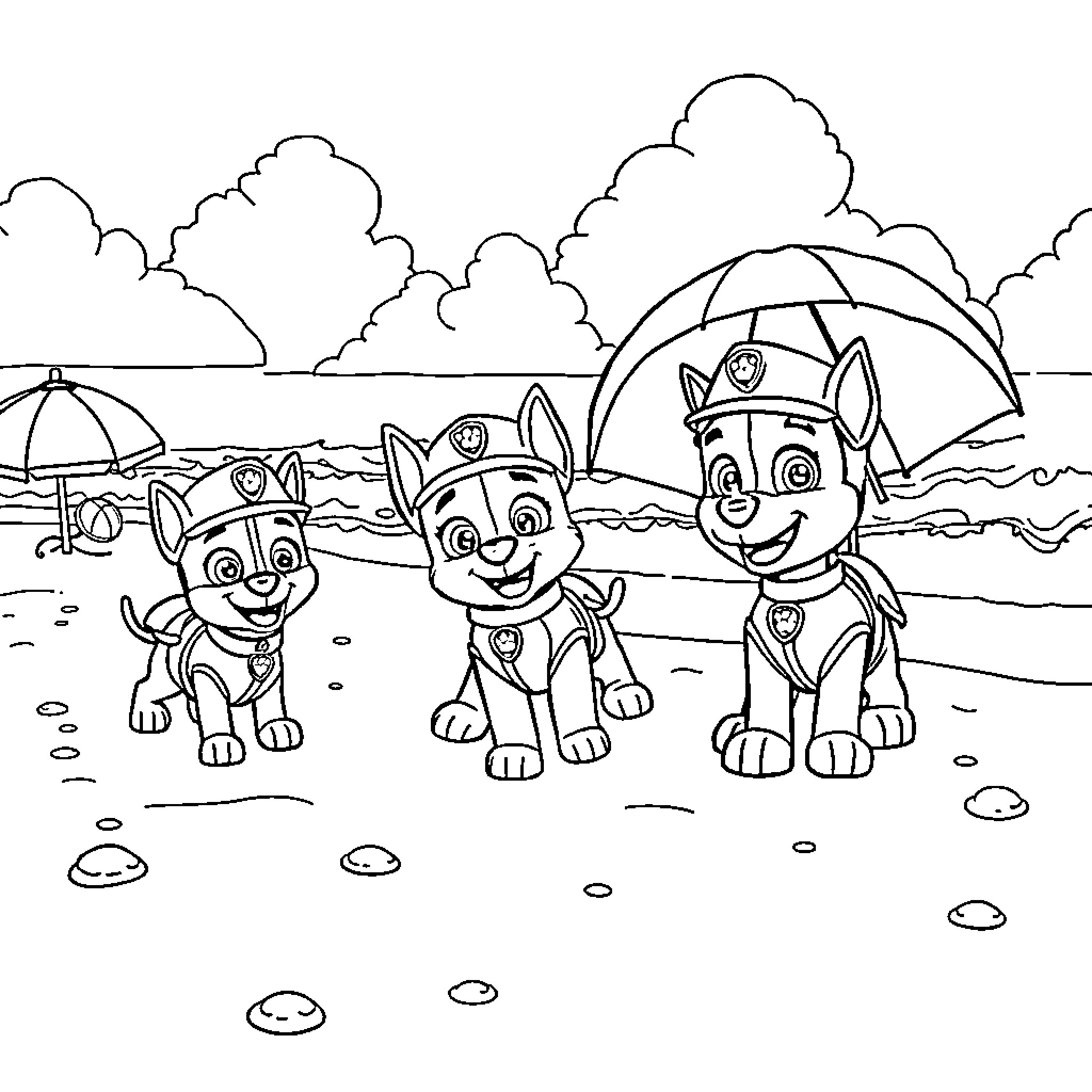 Paw Patrol Pups Playing at the Beach Coloring Page (free black-and-white line drawing printable PDF for all, from beginners to advanced learners, including children, teens, adults, and seniors)
