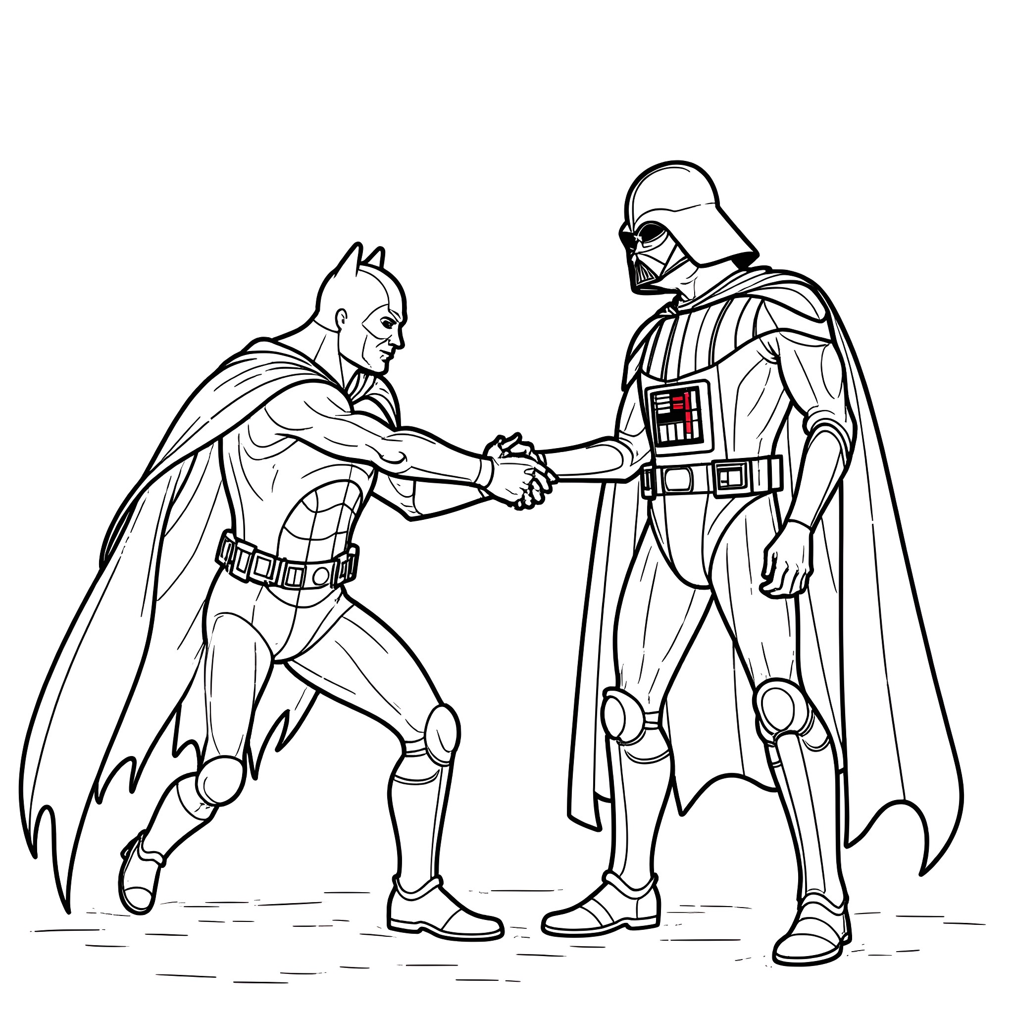 Batman and Darth Vader Shake Hands Coloring Page (free black-and-white line drawing printable PDF for all, from beginners to advanced learners, including children, teens, adults, and seniors)