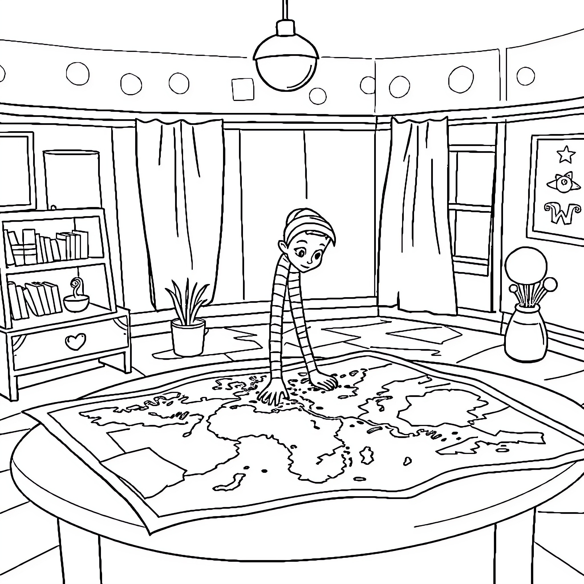 Mommy Long Legs exploring a cozy room with world map Coloring Page (free black-and-white line drawing printable PDF for all, from beginners to advanced learners, including children, teens, adults, and seniors)