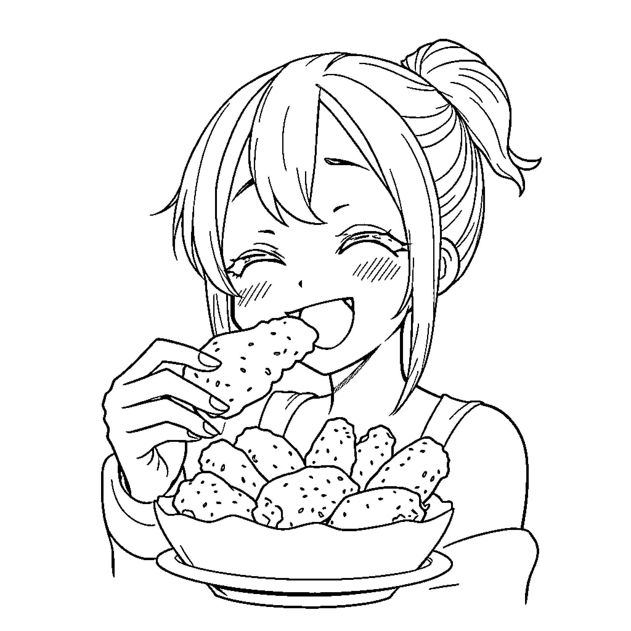 Anime Girl Happily Eating Snacks Coloring Page (free black-and-white line drawing printable PDF for all, from beginners to advanced learners, including children, teens, adults, and seniors)
