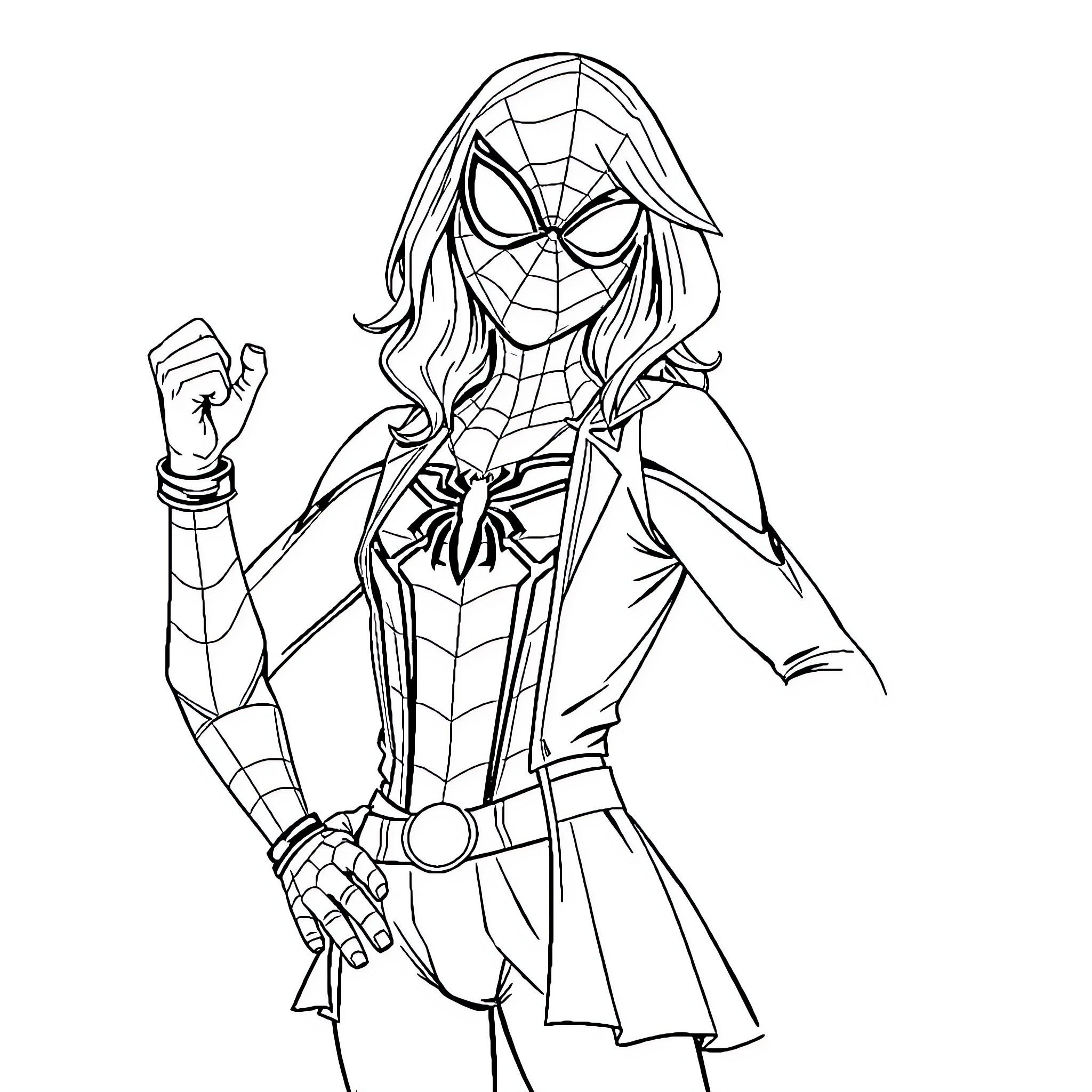 Spiderman heroine in action pose Coloring Page (free black-and-white line drawing printable PDF for all, from beginners to advanced learners, including children, teens, adults, and seniors)