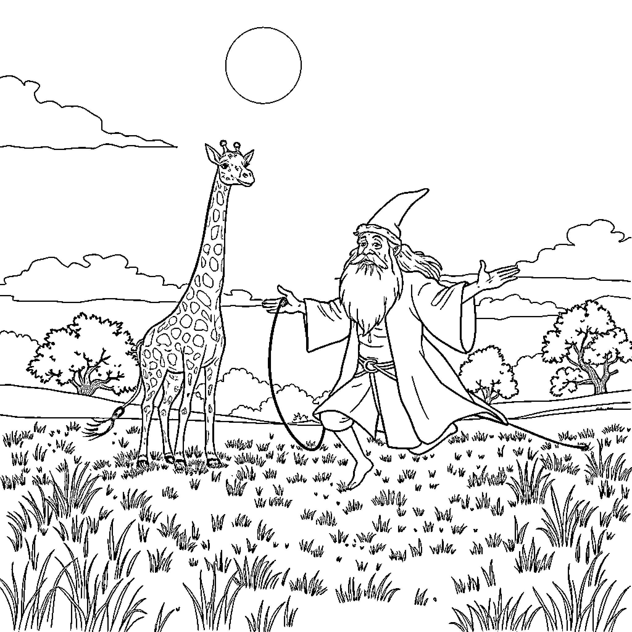 Gandolph and the Giraffe's Fantastical Adventure Coloring Page (free black-and-white line drawing printable PDF for all, from beginners to advanced learners, including children, teens, adults, and seniors)