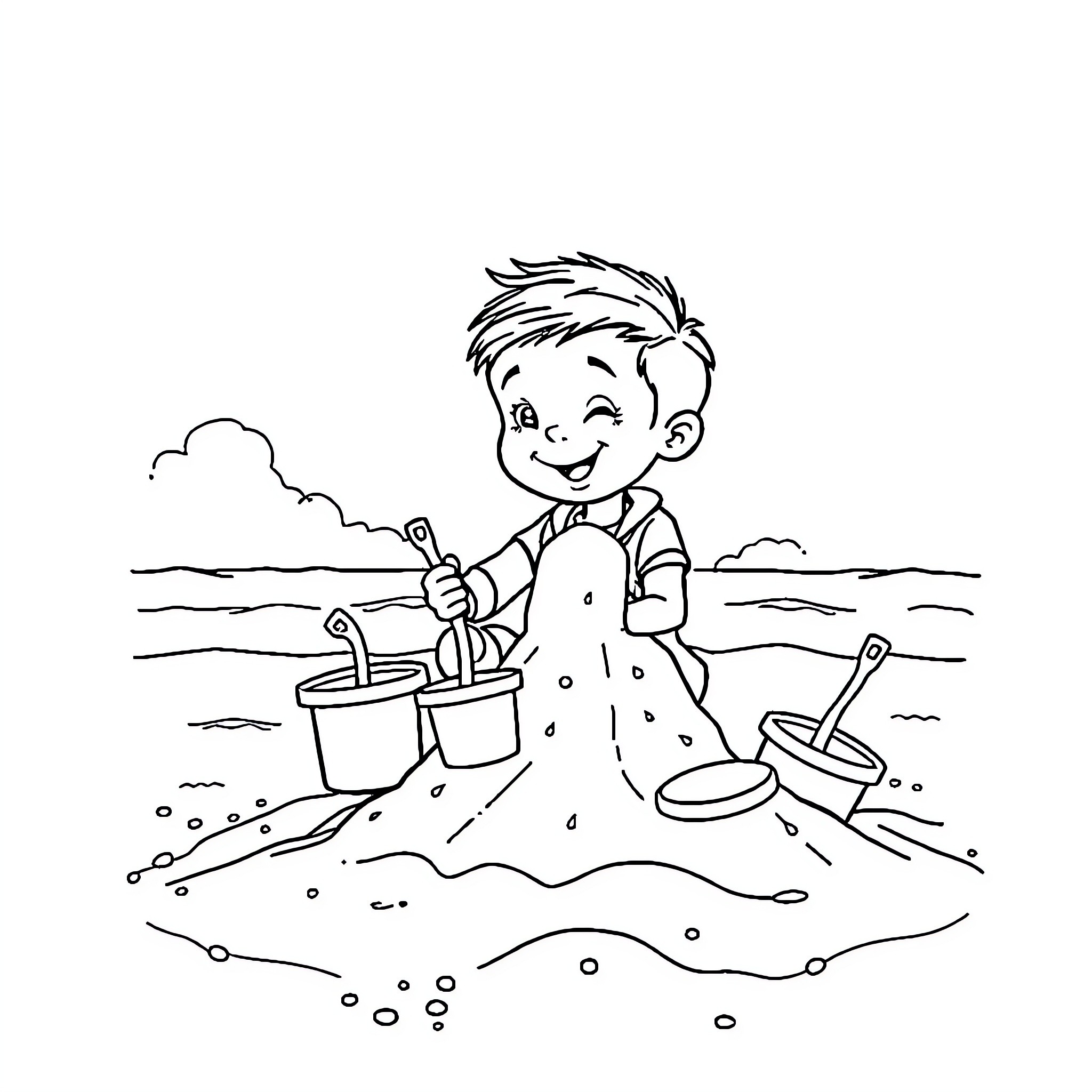 Kid Playing Happily in the Sand Coloring Page (free black-and-white line drawing printable PDF for all, from beginners to advanced learners, including children, teens, adults, and seniors)