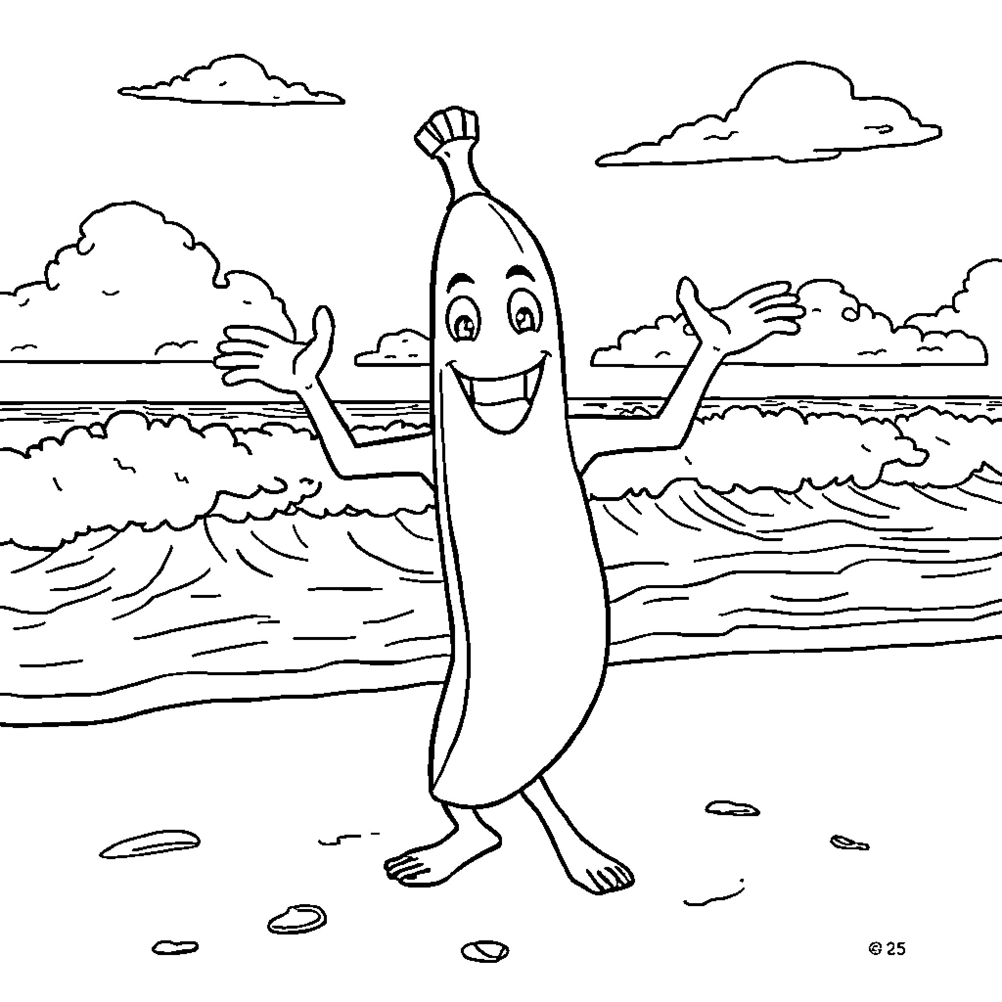 Peely dancing happily at the beach Coloring Page (free black-and-white line drawing printable PDF for all, from beginners to advanced learners, including children, teens, adults, and seniors)