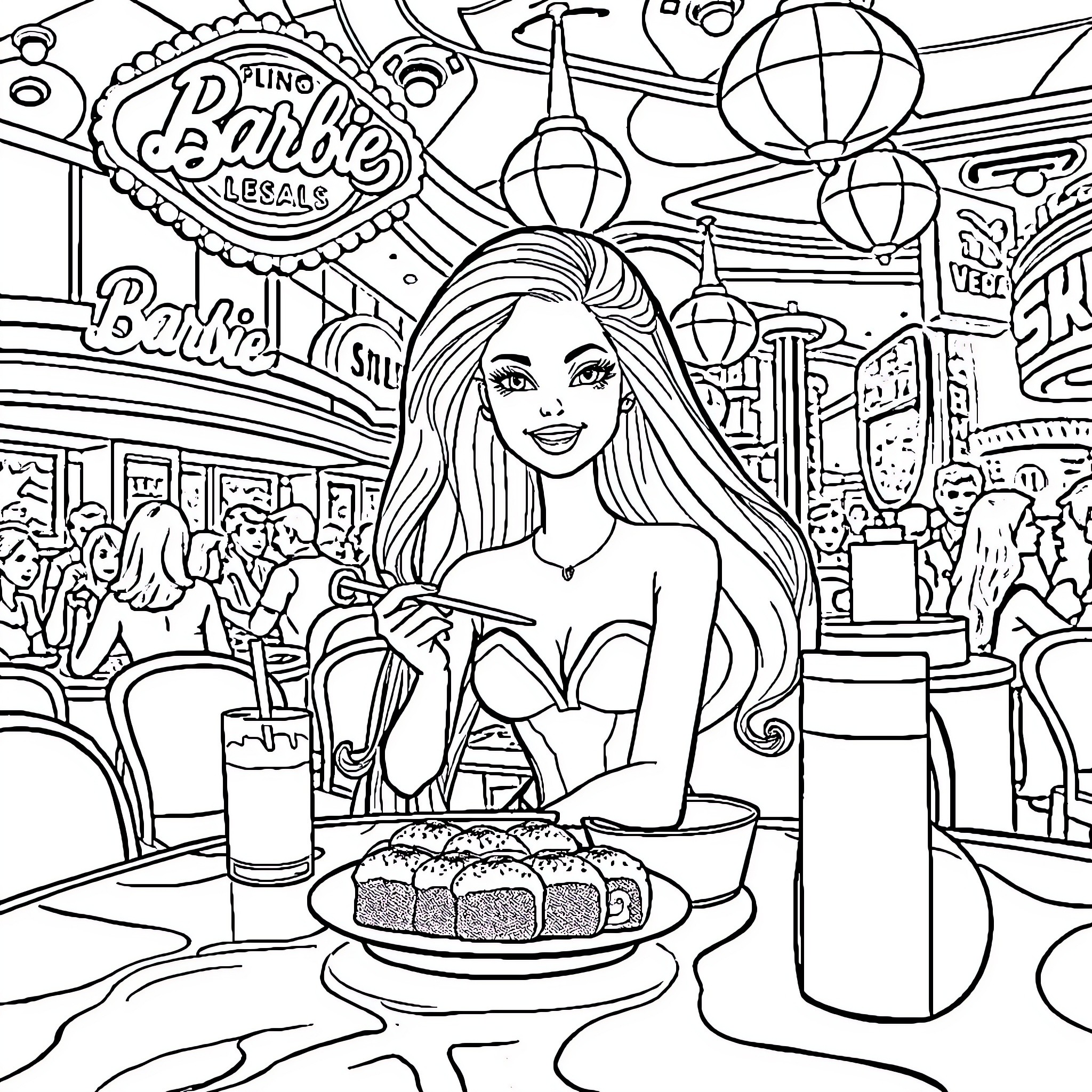 Barbie's Lively Adventure at the Carnival Coloring Page (free black-and-white line drawing printable PDF for all, from beginners to advanced learners, including children, teens, adults, and seniors)