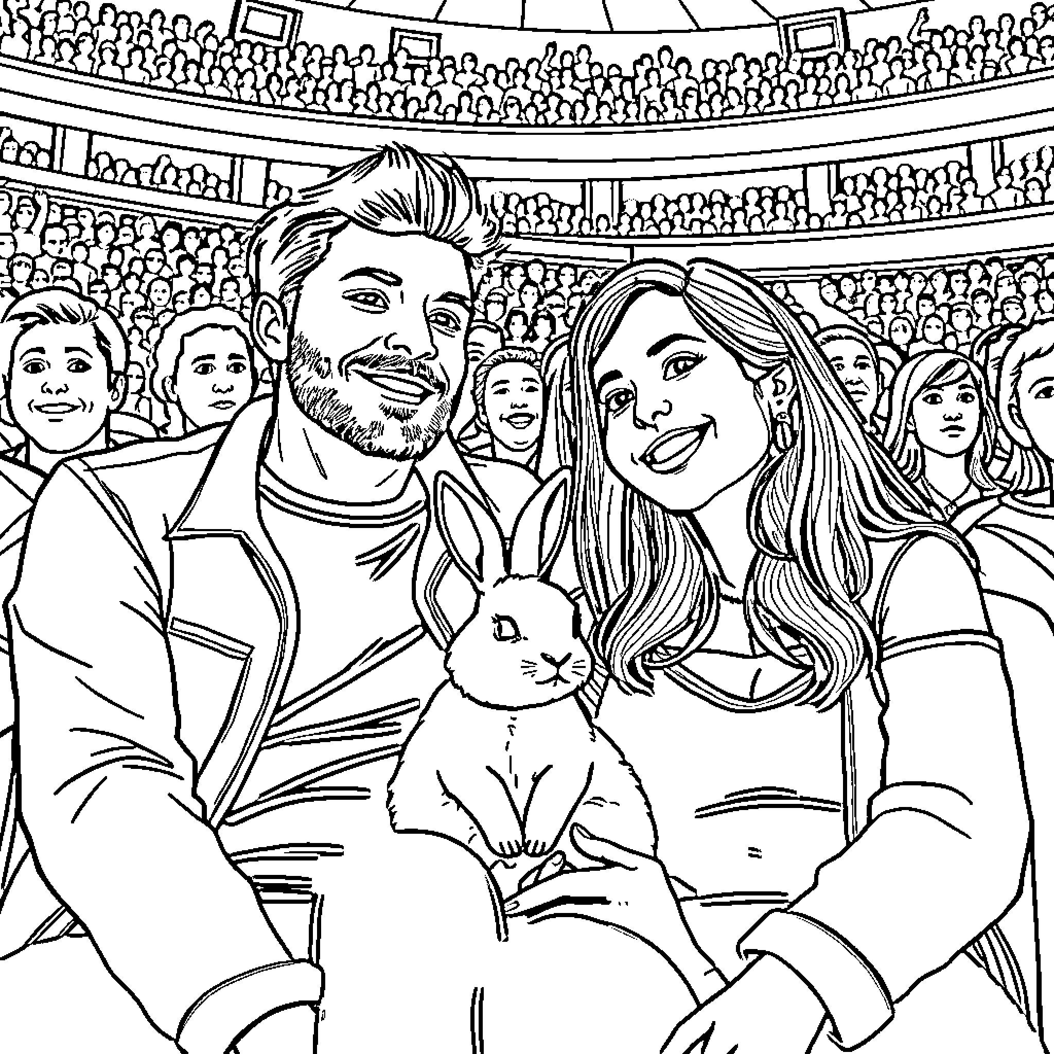 Bunny Couple Enjoying a Sports Event with Crowd Coloring Page (free black-and-white line drawing printable PDF for all, from beginners to advanced learners, including children, teens, adults, and seniors)