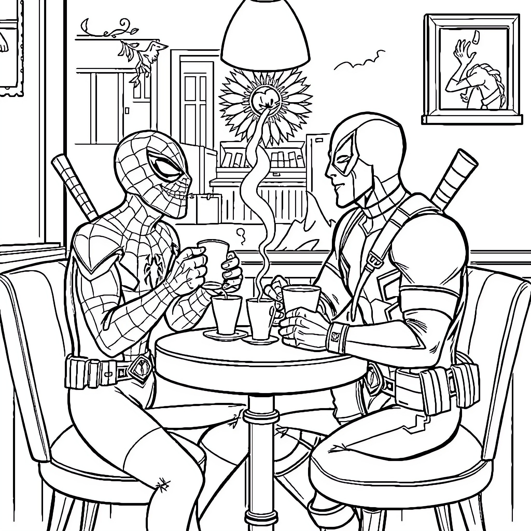 Spider-Man and Deadpool enjoying a friendly conversation Coloring Page (free black-and-white line drawing printable PDF for all, from beginners to advanced learners, including children, teens, adults, and seniors)