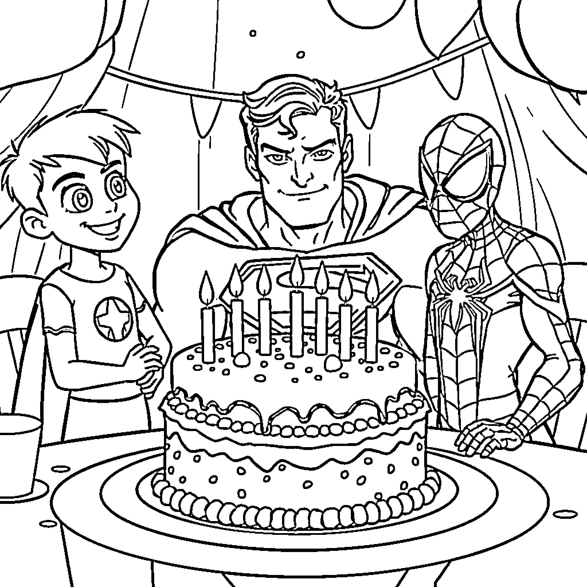 Hero Celebrates Birthday with Sidekicks Coloring Page (free black-and-white line drawing printable PDF for all, from beginners to advanced learners, including children, teens, adults, and seniors)
