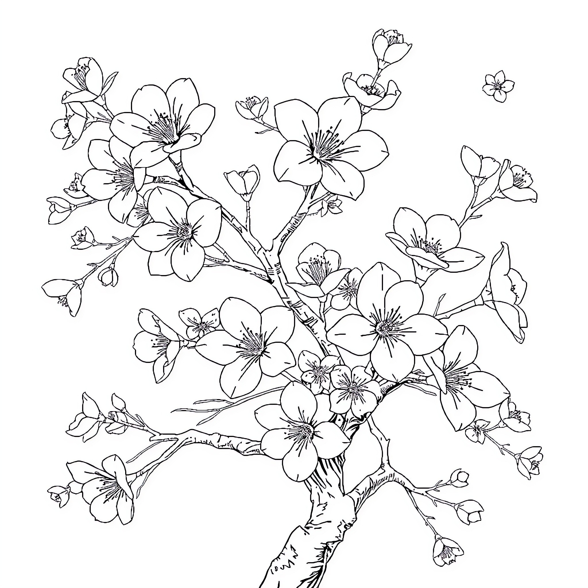 Sakura Blossoms Flowering on Branches Coloring Page (free black-and-white line drawing printable PDF for all, from beginners to advanced learners, including children, teens, adults, and seniors)