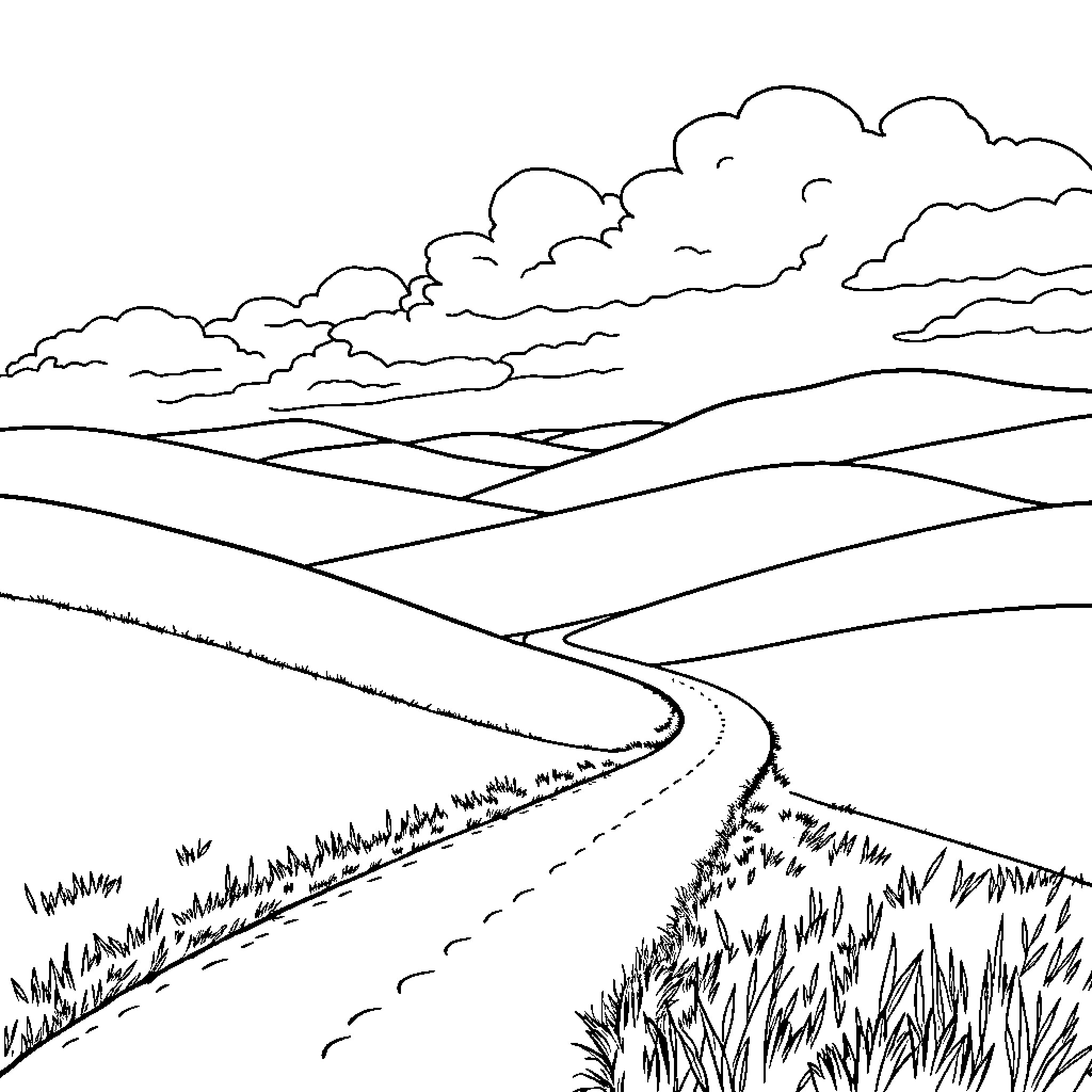 Path through rural landscape with cloudy sky Coloring Page (free black-and-white line drawing printable PDF for all, from beginners to advanced learners, including children, teens, adults, and seniors)