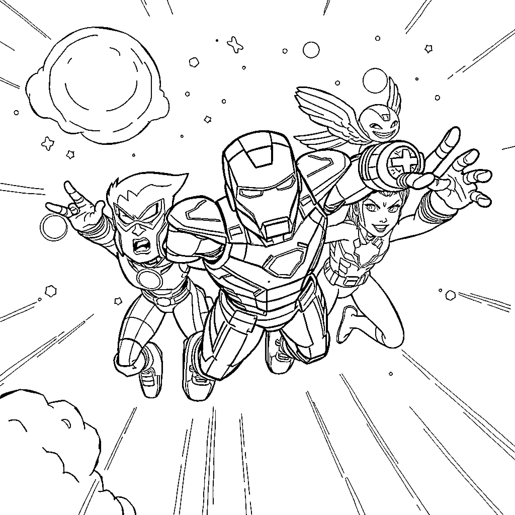 Iron Man and Superheroes in Action Coloring Page (free black-and-white line drawing printable PDF for all, from beginners to advanced learners, including children, teens, adults, and seniors)