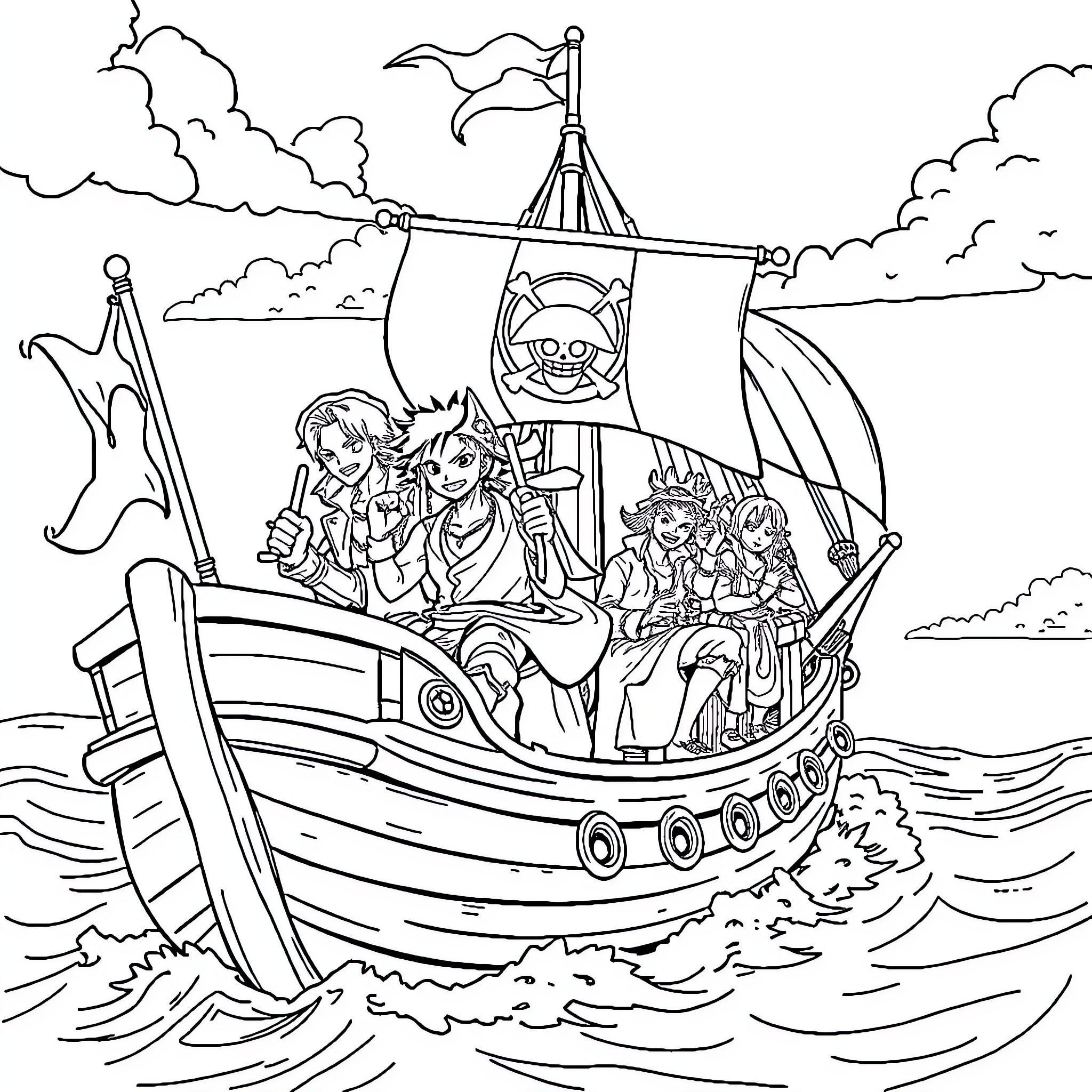 Kru Mugiwara's adventure on the high seas Coloring Page (free black-and-white line drawing printable PDF for all, from beginners to advanced learners, including children, teens, adults, and seniors)