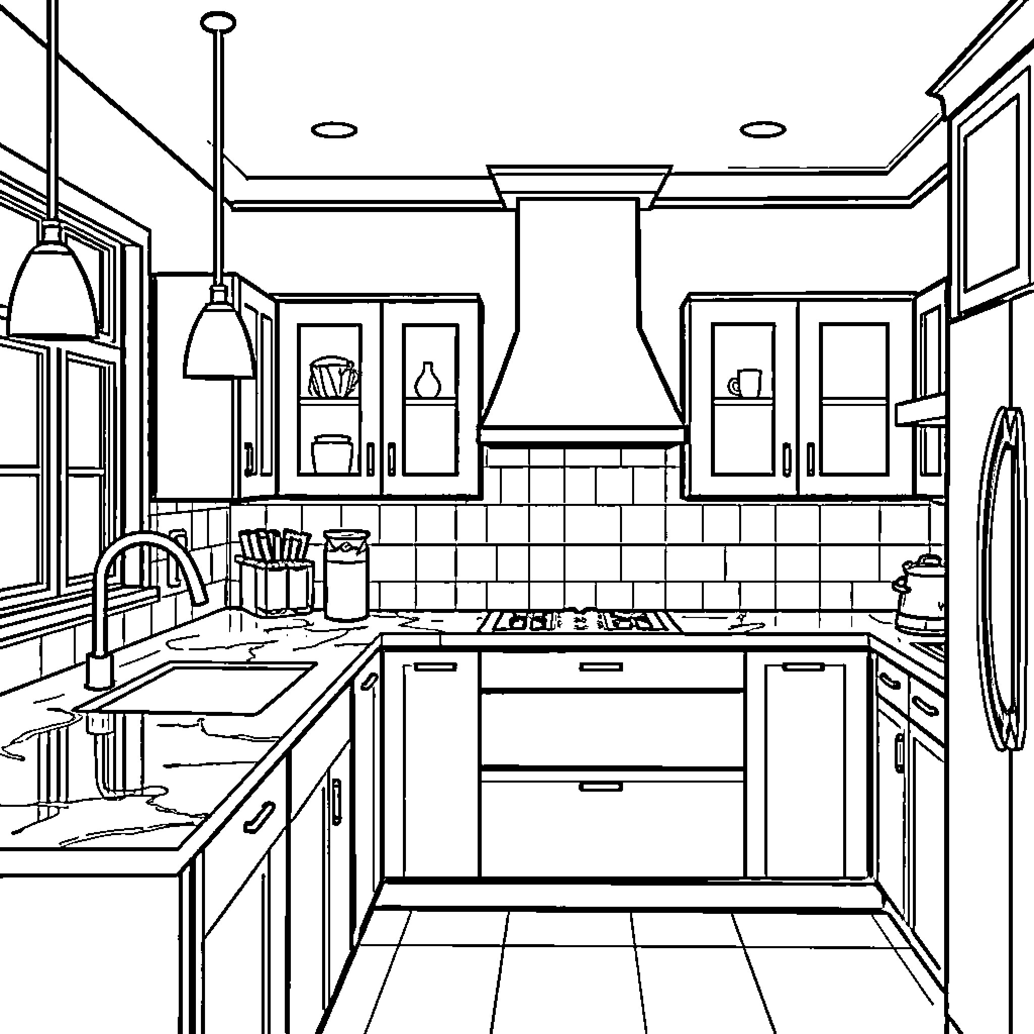 Kitchen with modern appliances and open shelving Coloring Page (free black-and-white line drawing printable PDF for all, from beginners to advanced learners, including children, teens, adults, and seniors)
