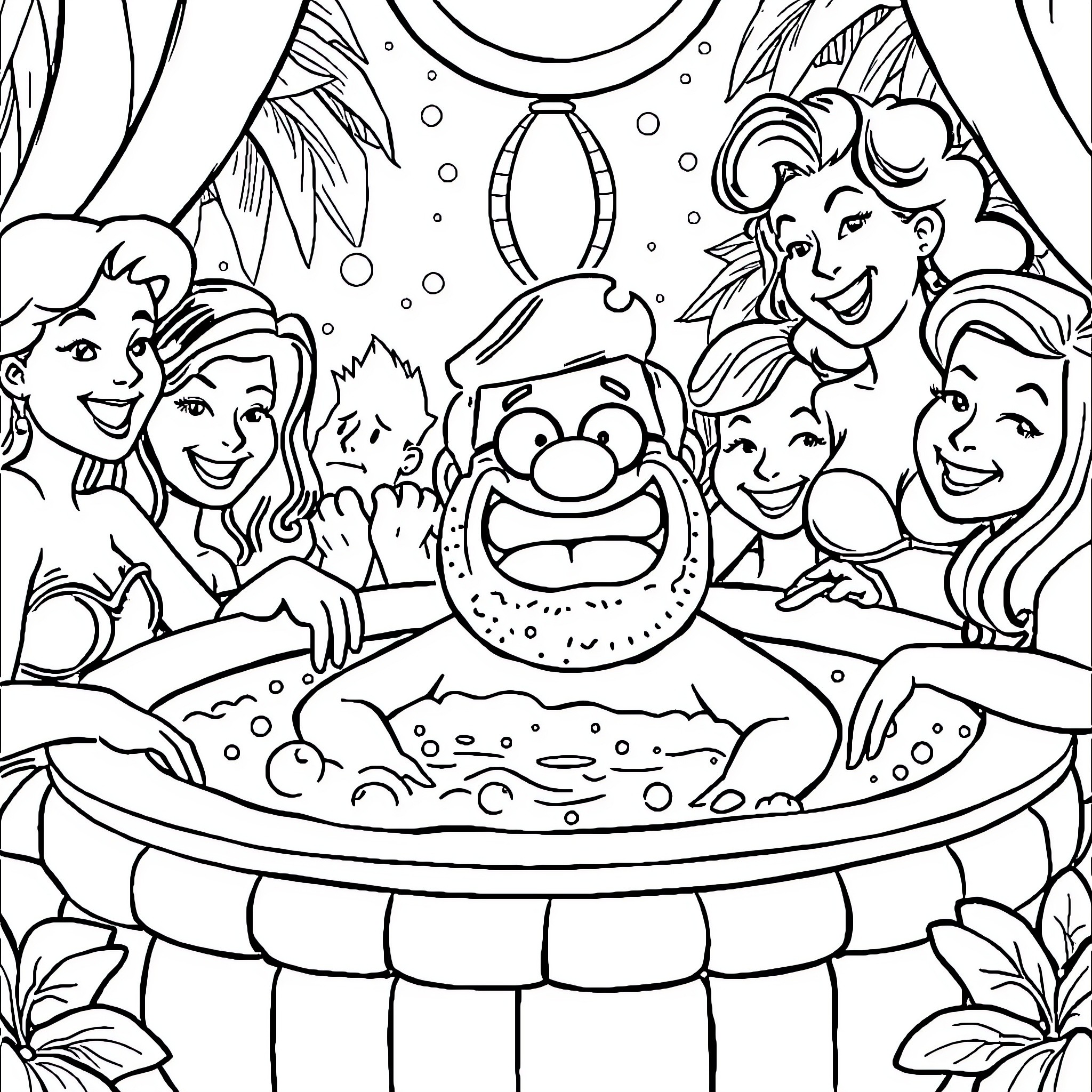 Bob Belcher and friends having a fun beach day Coloring Page (free black-and-white line drawing printable PDF for all, from beginners to advanced learners, including children, teens, adults, and seniors)