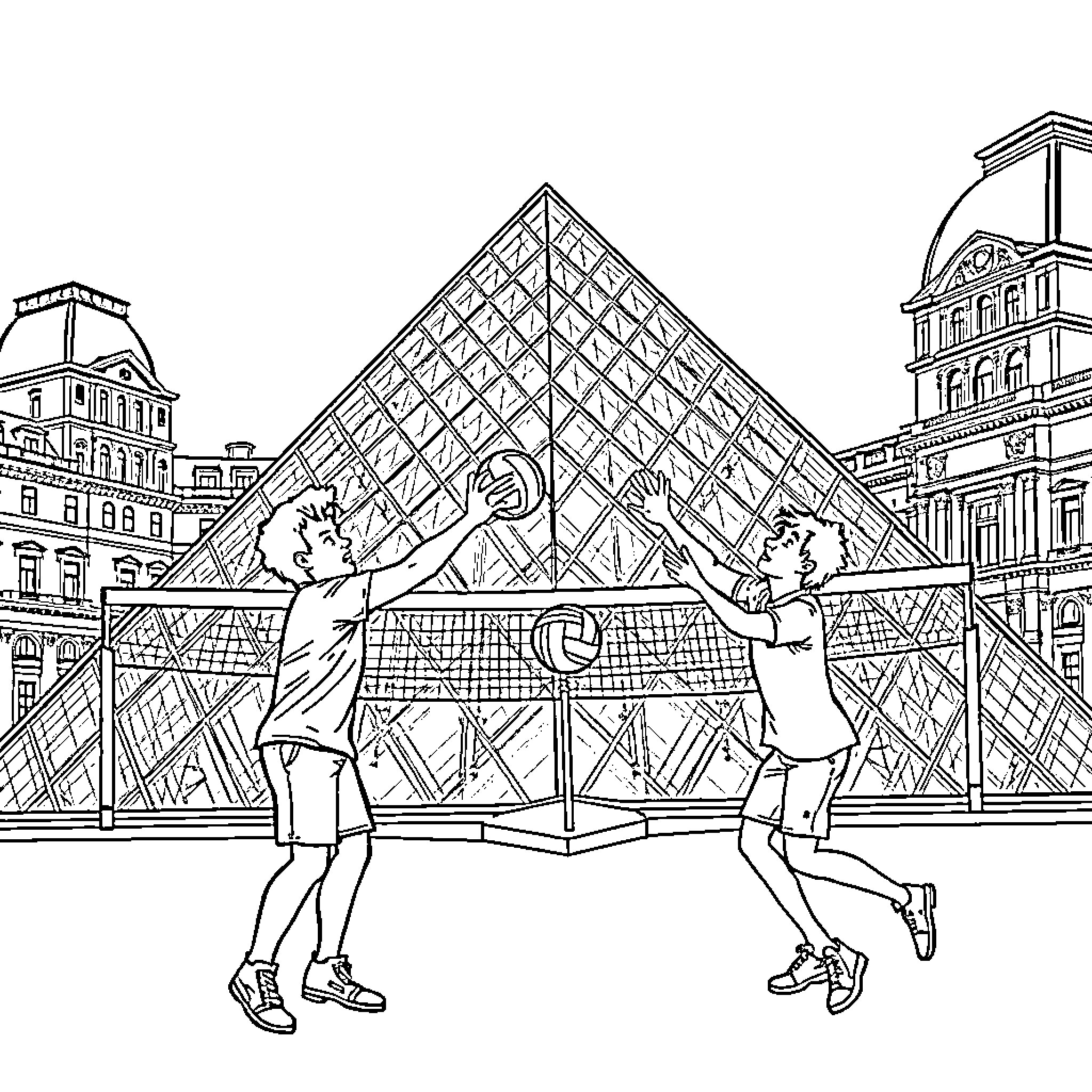 Barney Stinson playing volleyball at the Louvre Coloring Page (free black-and-white line drawing printable PDF for all, from beginners to advanced learners, including children, teens, adults, and seniors)