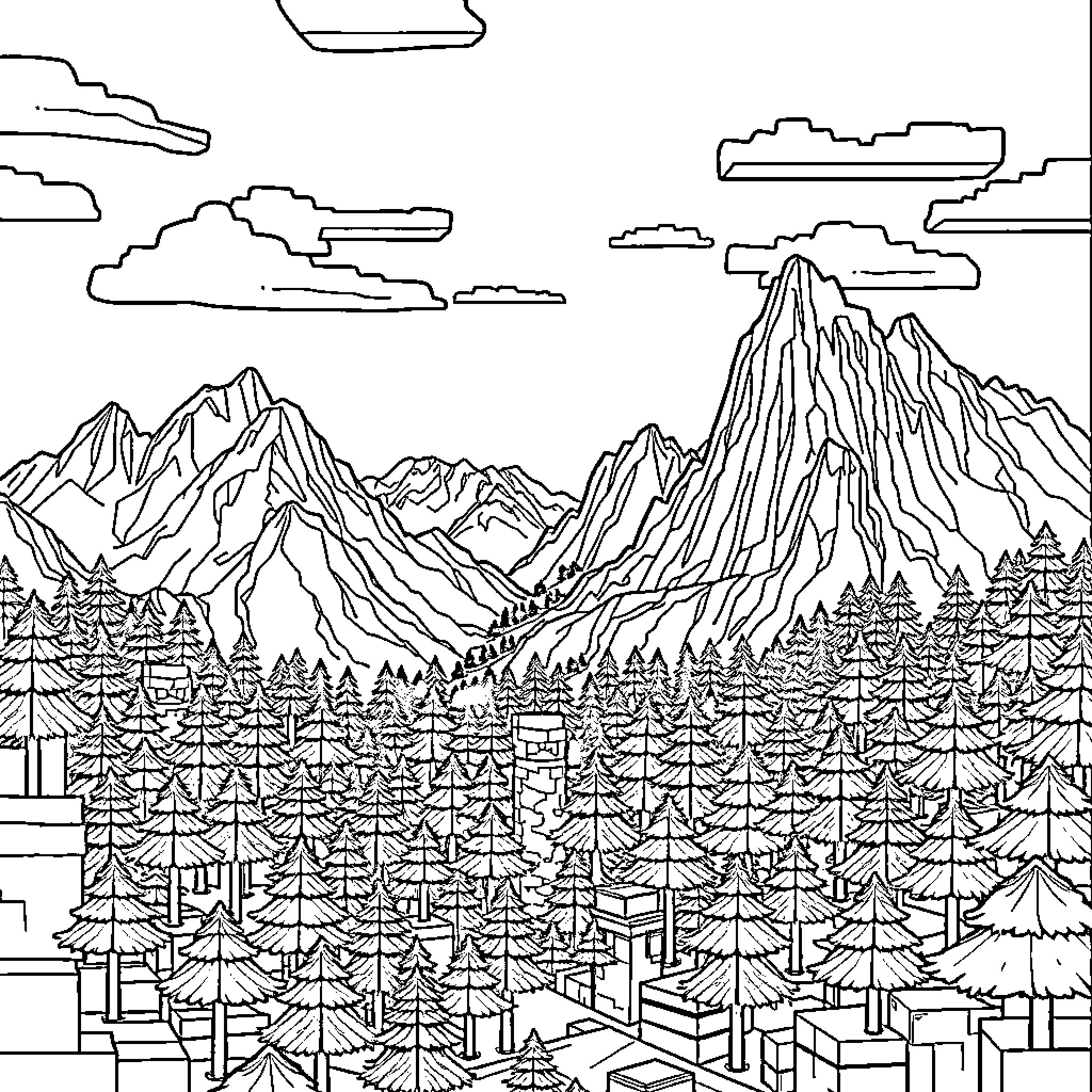 Minecraft Mountain Landscape with Forests and Clouds Coloring Page (free black-and-white line drawing printable PDF for all, from beginners to advanced learners, including children, teens, adults, and seniors)
