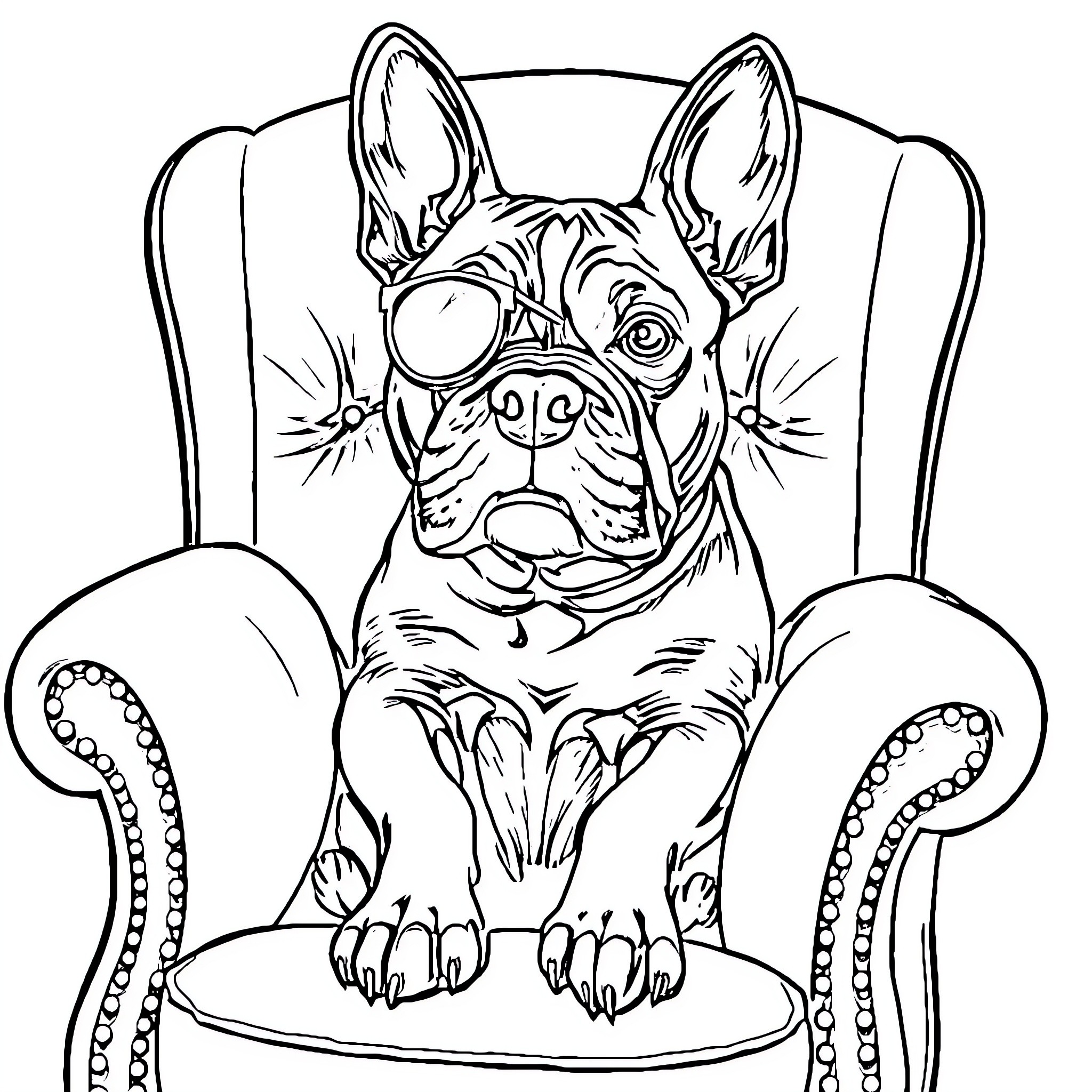 Staffy relaxing comfortably in a chair Coloring Page (free black-and-white line drawing printable PDF for all, from beginners to advanced learners, including children, teens, adults, and seniors)