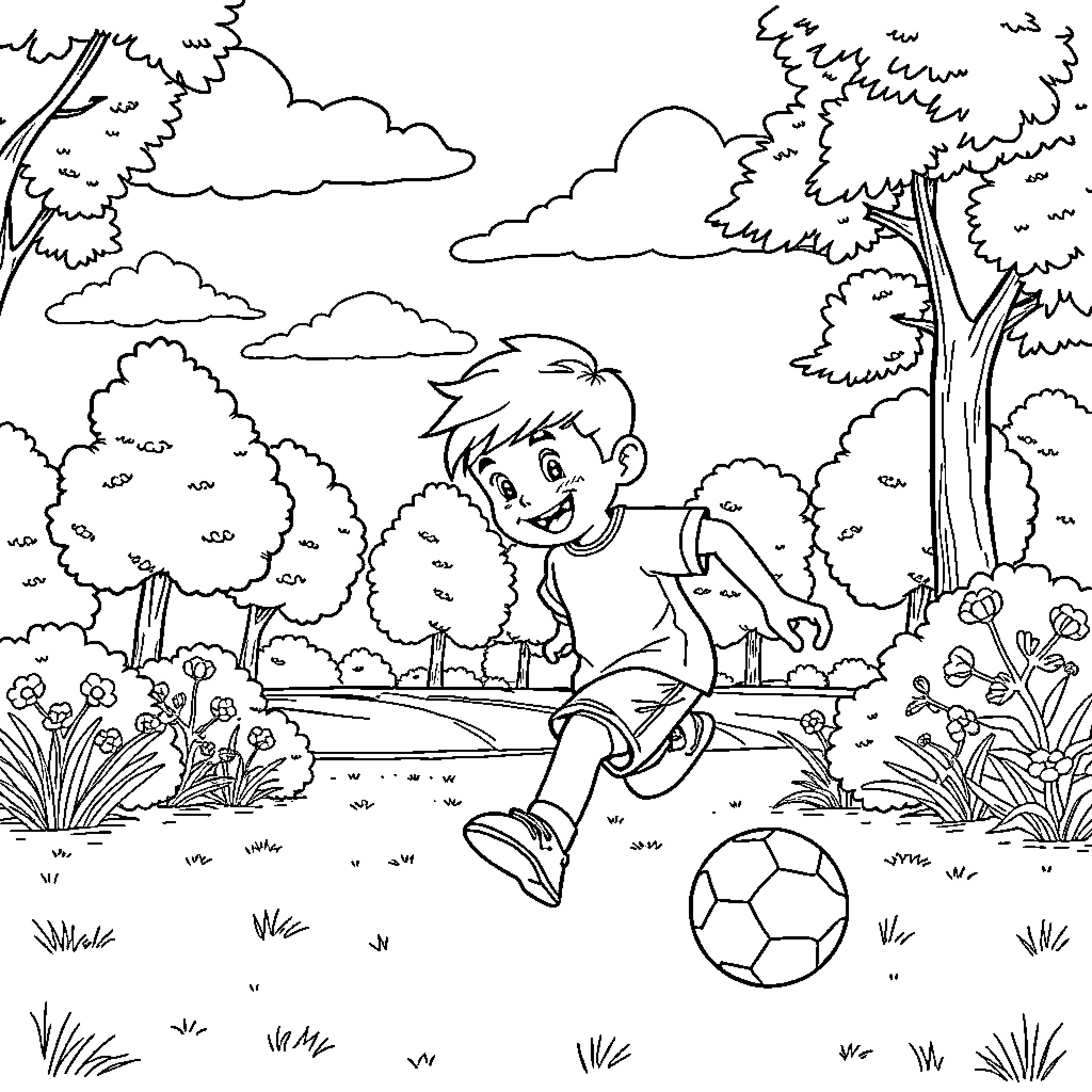 Arale playing with a soccer ball in a lush forest Coloring Page (free black-and-white line drawing printable PDF for all, from beginners to advanced learners, including children, teens, adults, and seniors)