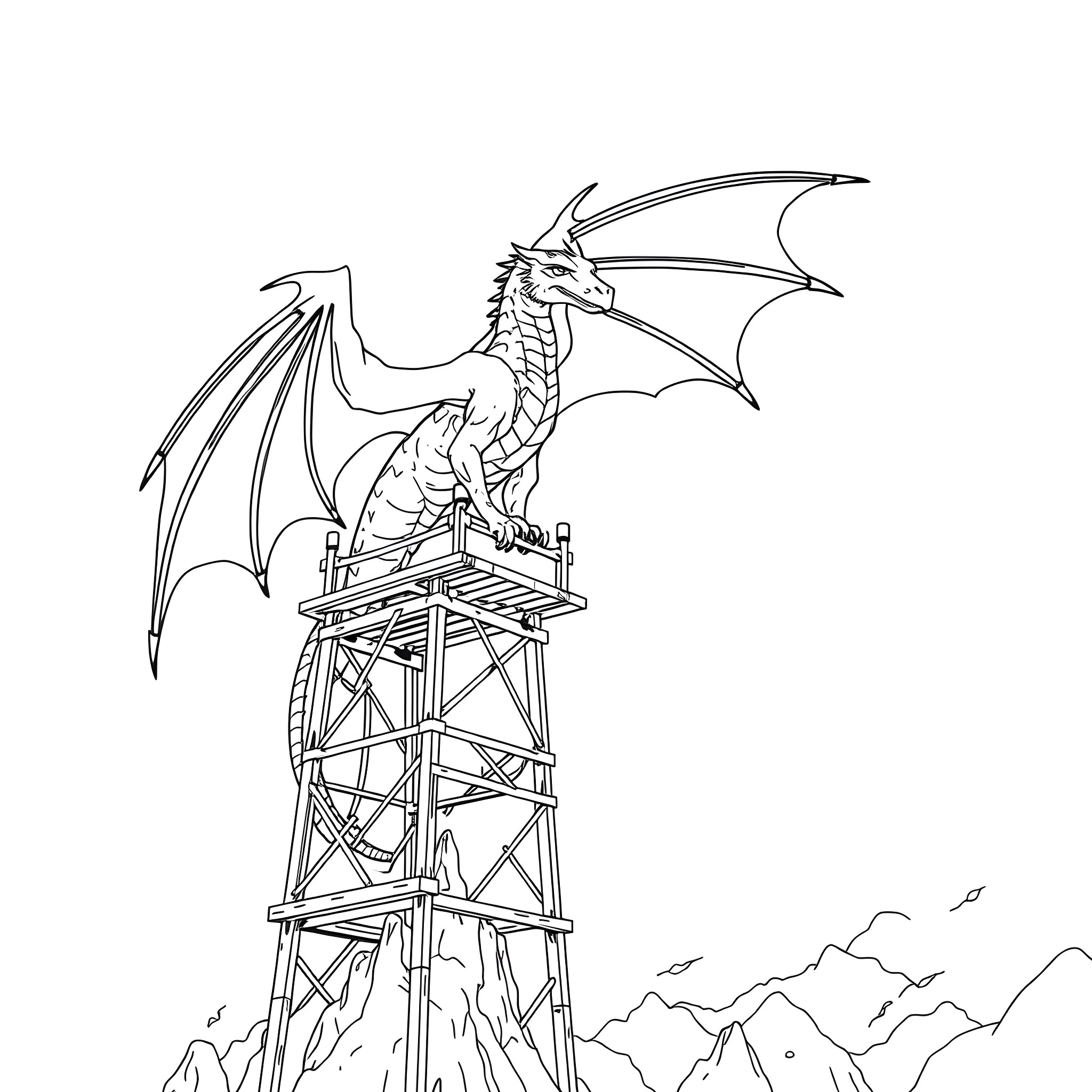 Dragon perched atop a tall tower Coloring Page (free black-and-white line drawing printable PDF for all, from beginners to advanced learners, including children, teens, adults, and seniors)