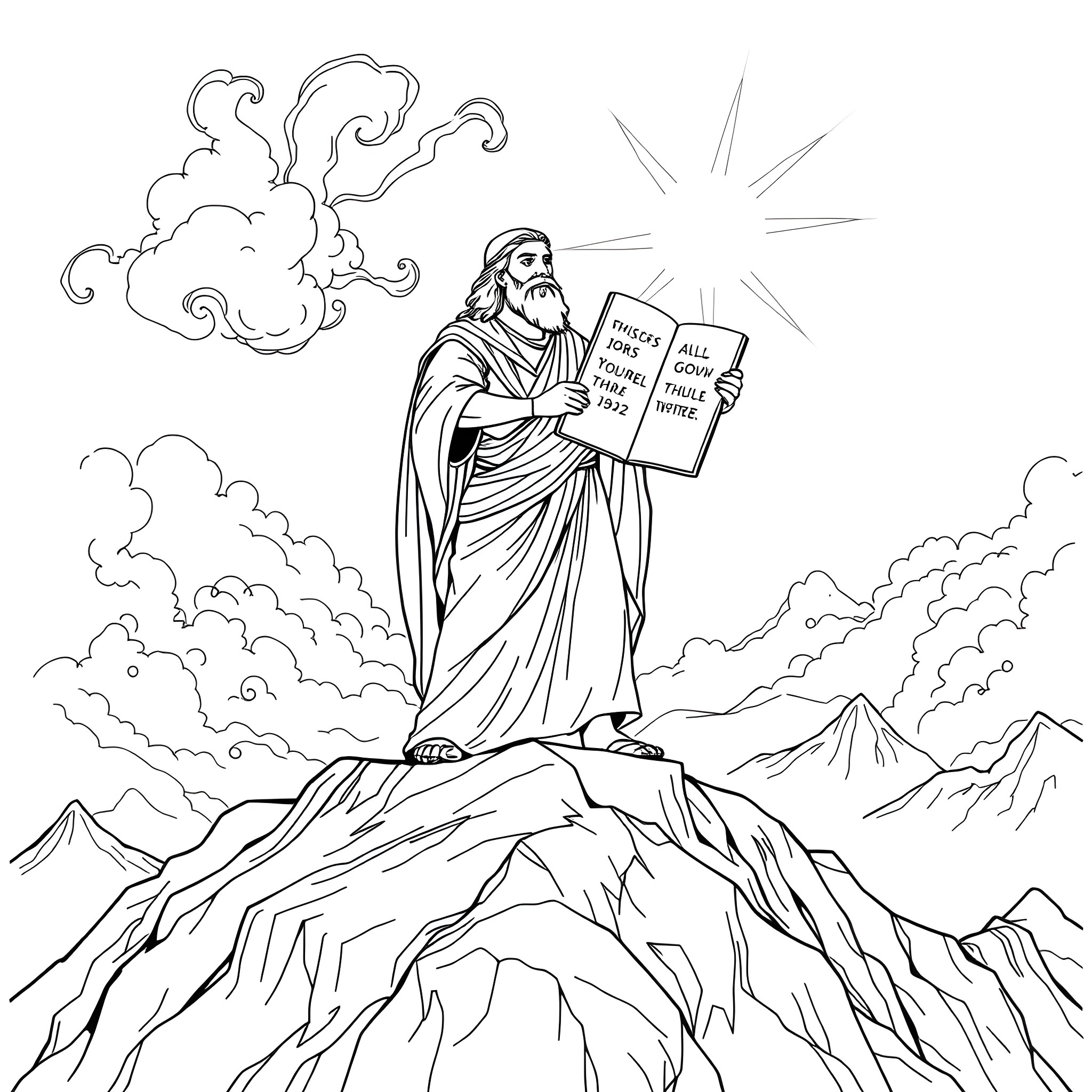 Moses Receiving the Ten Commandments on Mount Sinai Coloring Page (free black-and-white line drawing printable PDF for all, from beginners to advanced learners, including children, teens, adults, and seniors)