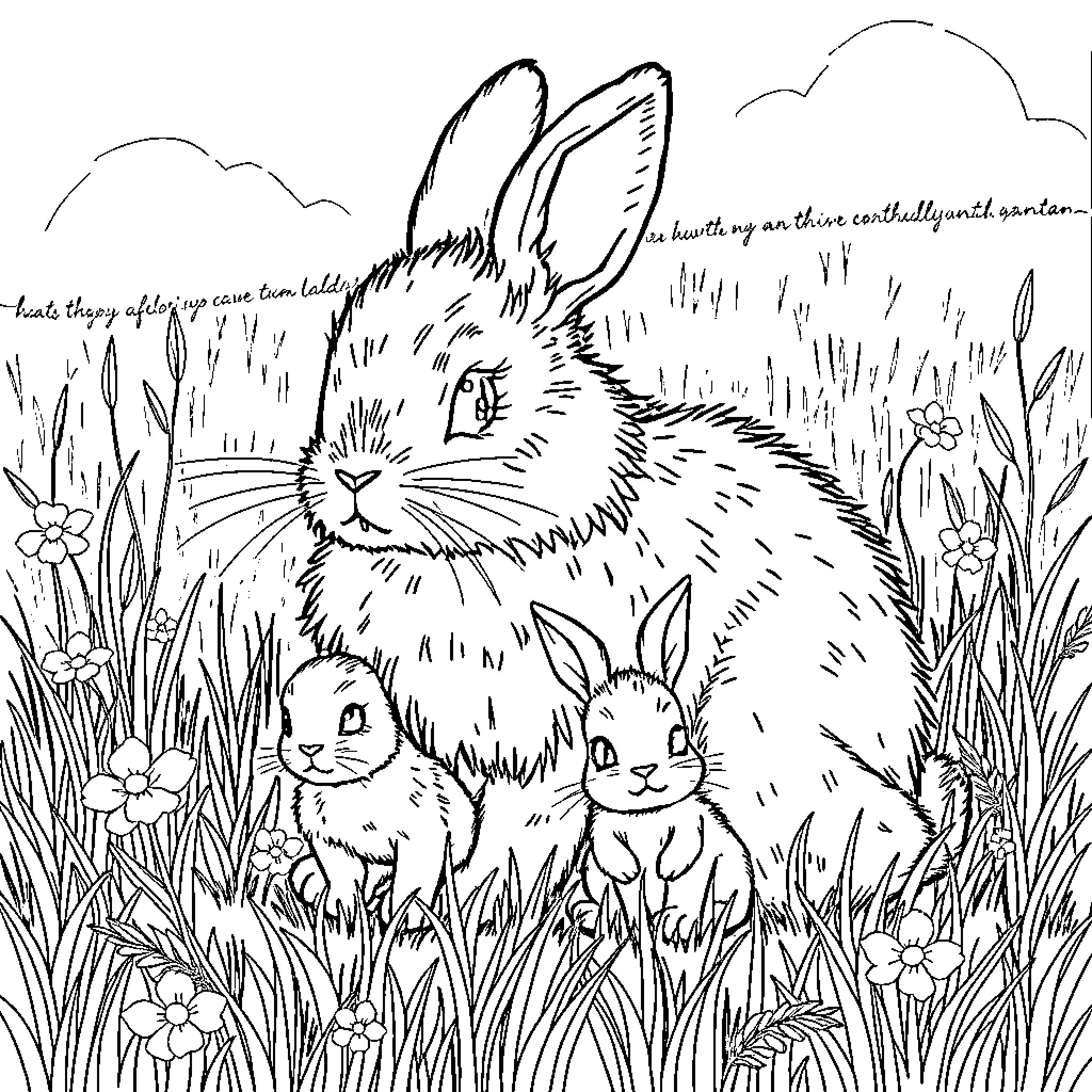 Rabbit family in the peaceful garden Coloring Page (free black-and-white line drawing printable PDF for all, from beginners to advanced learners, including children, teens, adults, and seniors)