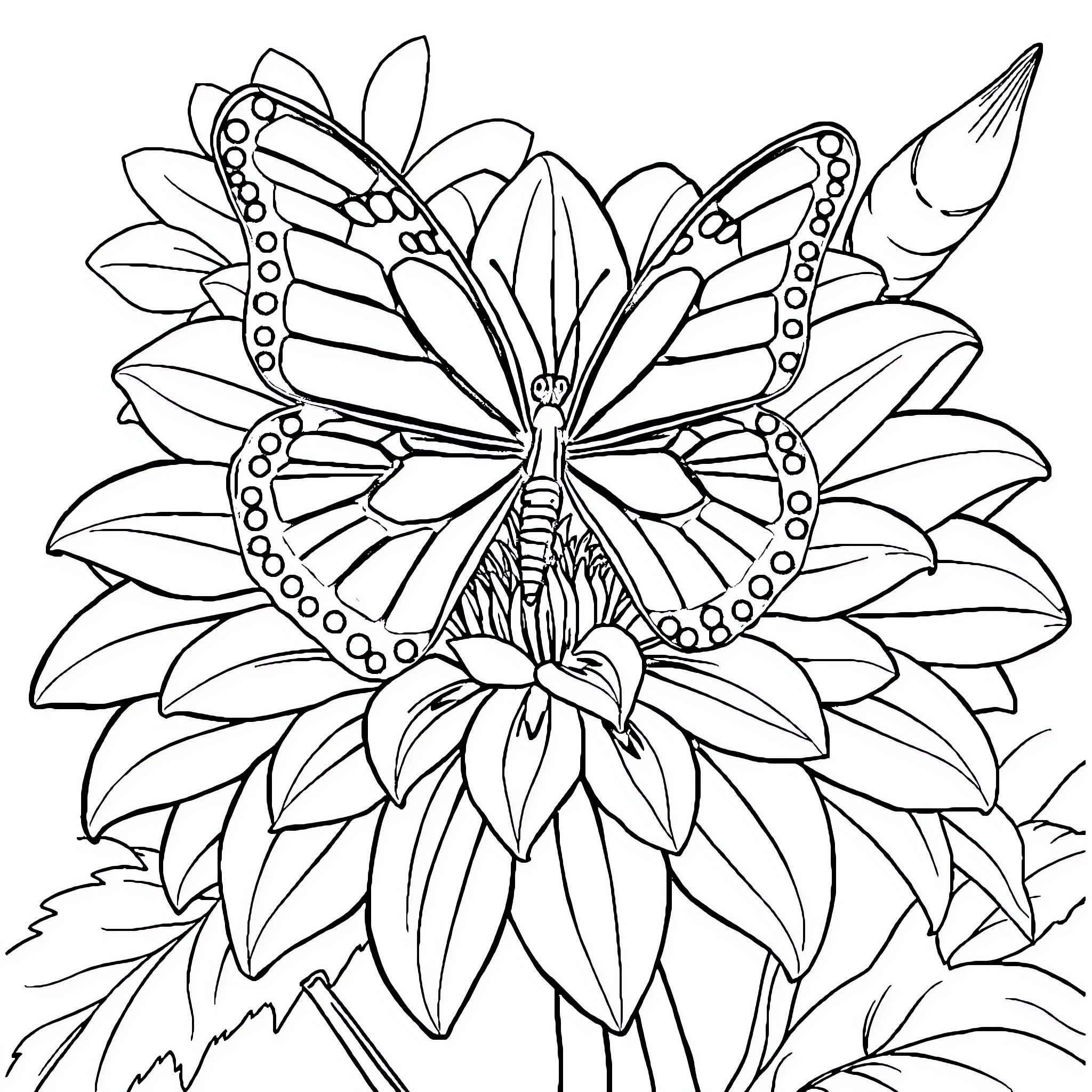 Butterfly resting on a detailed floral pattern Coloring Page (free black-and-white line drawing printable PDF for all, from beginners to advanced learners, including children, teens, adults, and seniors)