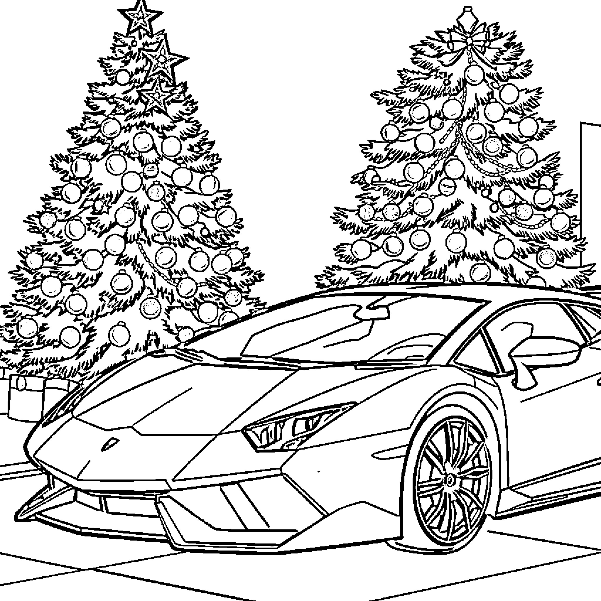 Lamborghini in Winter Wonderland Coloring Page (free black-and-white line drawing printable PDF for all, from beginners to advanced learners, including children, teens, adults, and seniors)