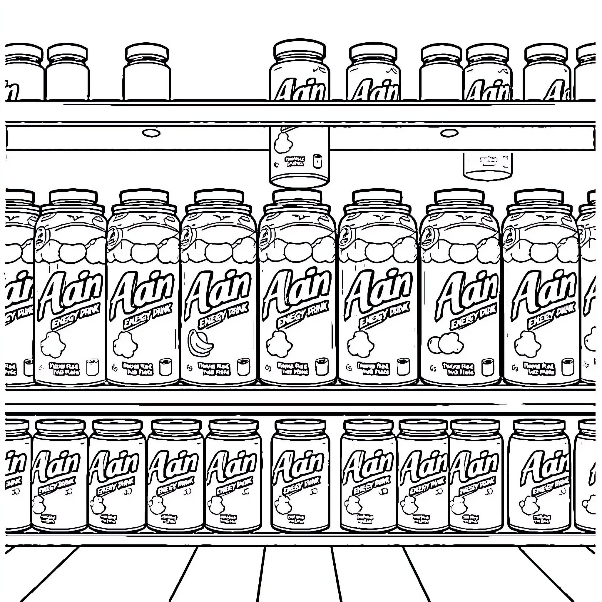 Flavor of canned drinks and jars on shelves Coloring Page (free black-and-white line drawing printable PDF for all, from beginners to advanced learners, including children, teens, adults, and seniors)