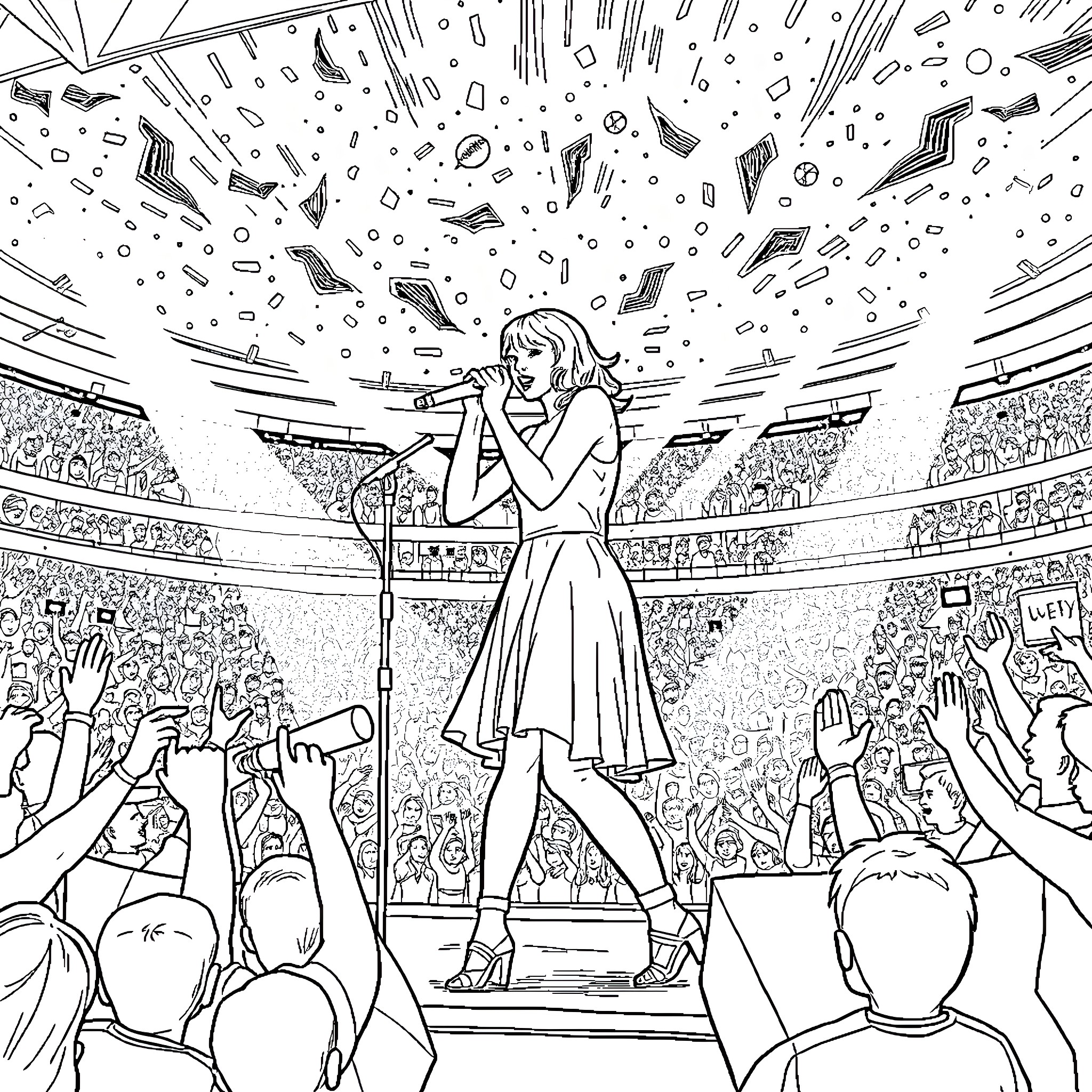 Taylor Swift performing on stage before cheering fans Coloring Page (free black-and-white line drawing printable PDF for all, from beginners to advanced learners, including children, teens, adults, and seniors)