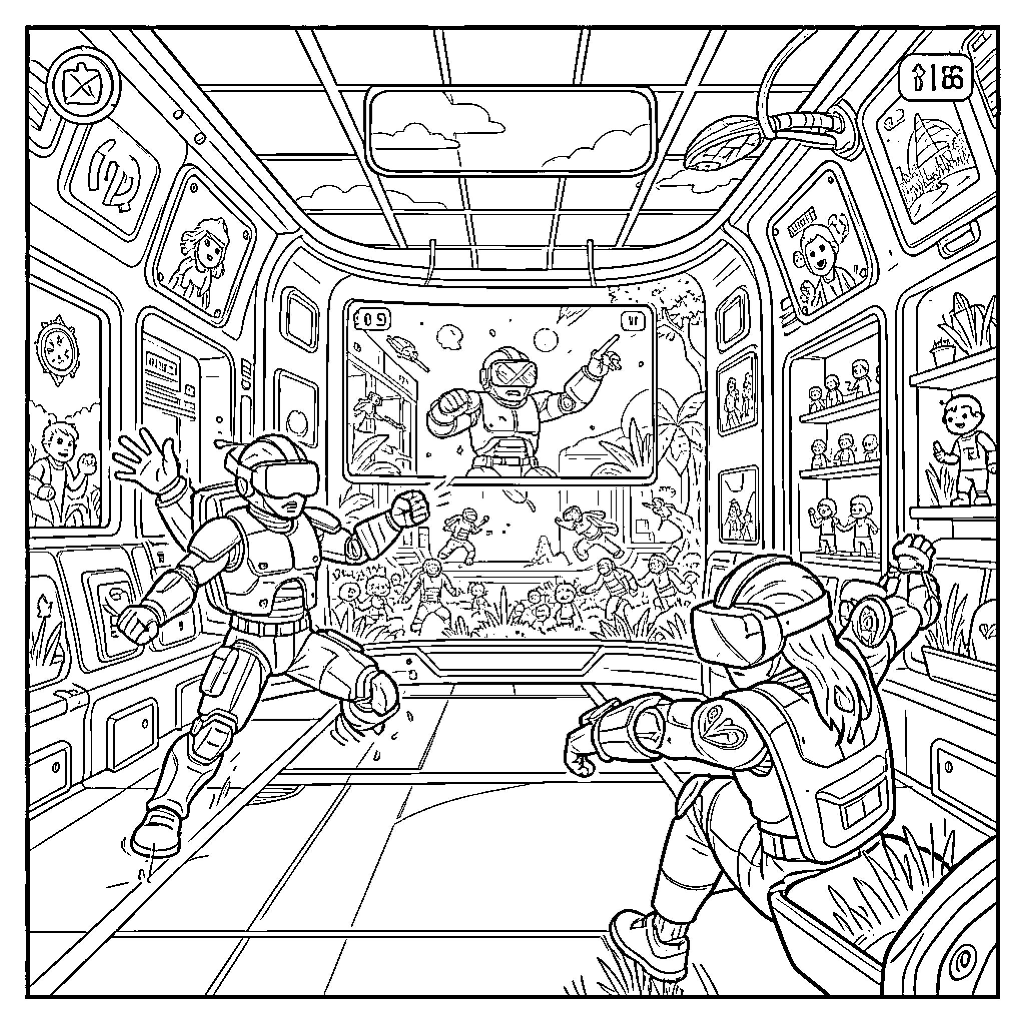 VR Game players battling monsters in a futuristic cockpit Coloring Page (free black-and-white line drawing printable PDF for all, from beginners to advanced learners, including children, teens, adults, and seniors)