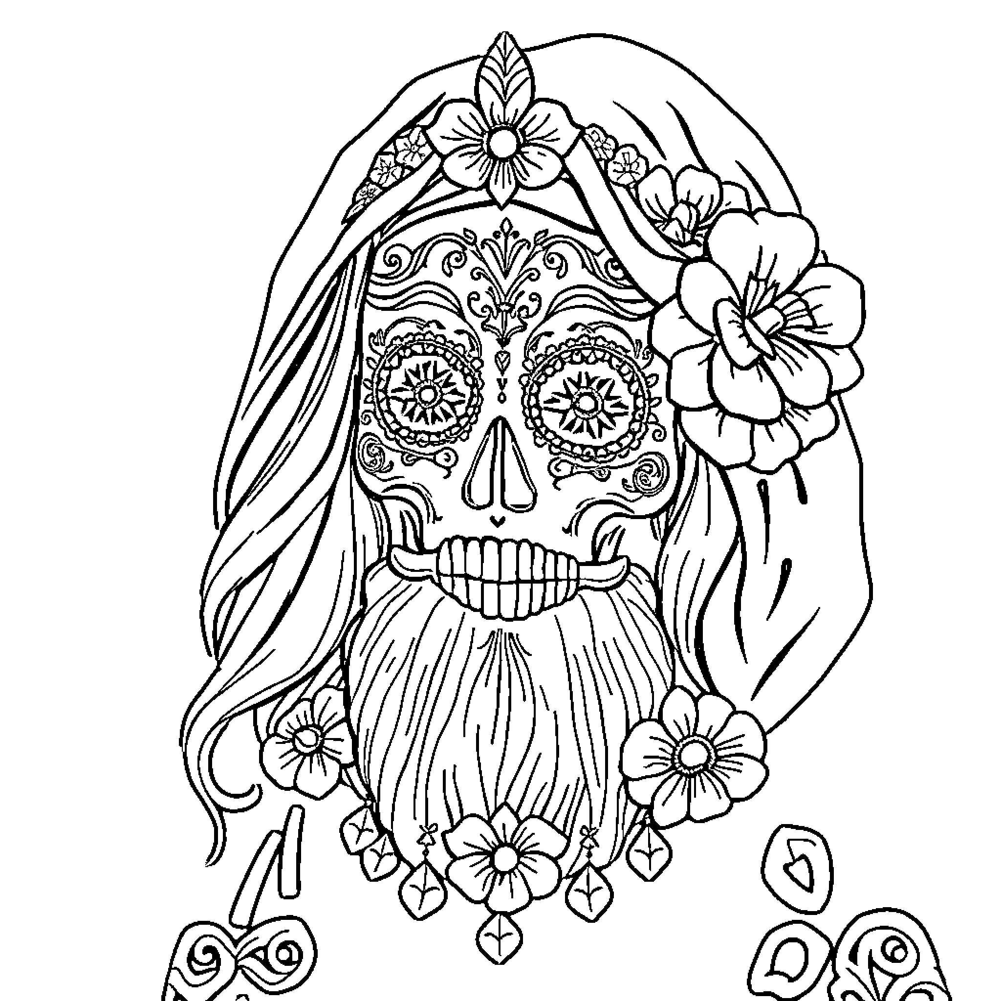 Santa Muerte with Intricate Floral Adornments Coloring Page (free black-and-white line drawing printable PDF for all, from beginners to advanced learners, including children, teens, adults, and seniors)