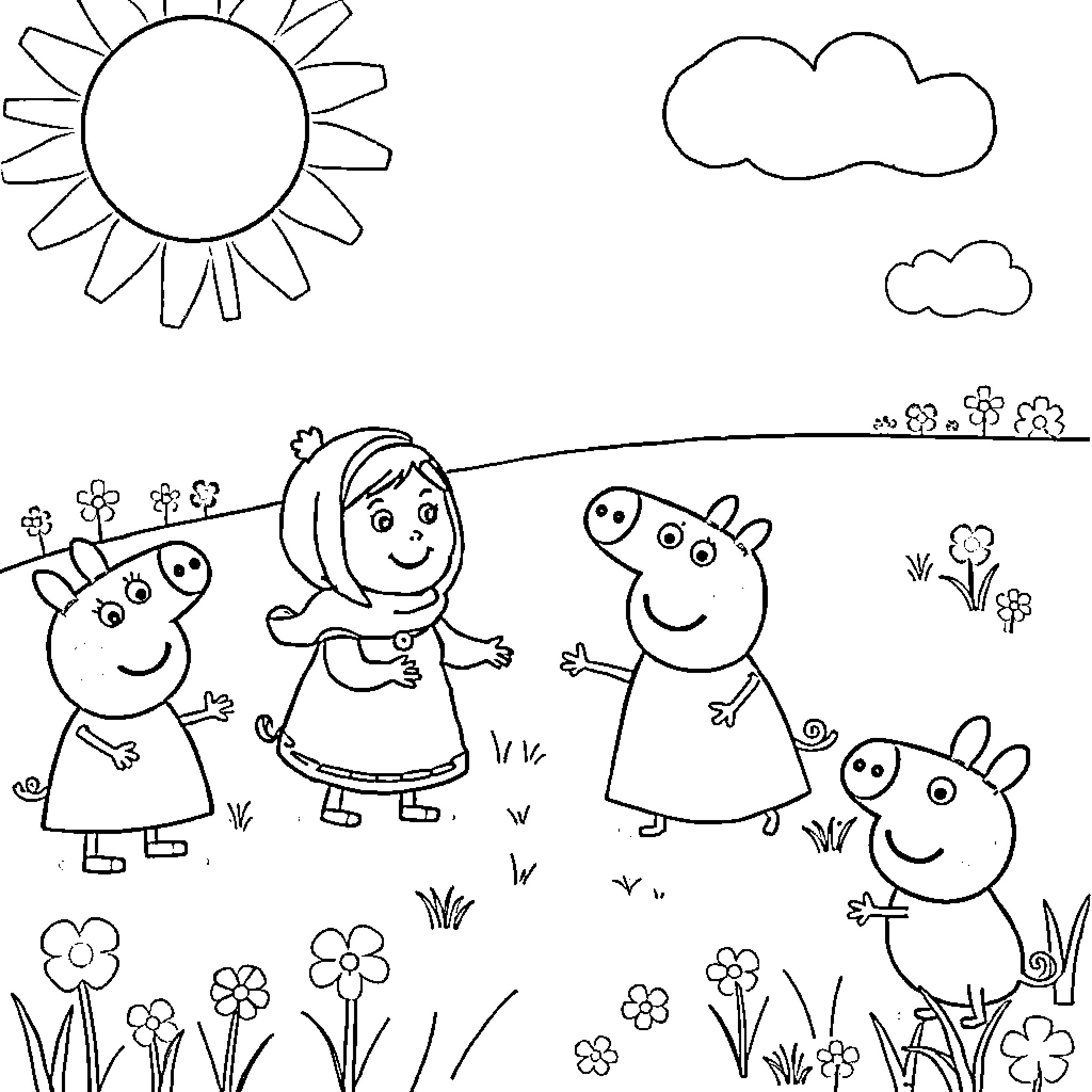Masha and friends exploring the garden Coloring Page (free black-and-white line drawing printable PDF for all, from beginners to advanced learners, including children, teens, adults, and seniors)