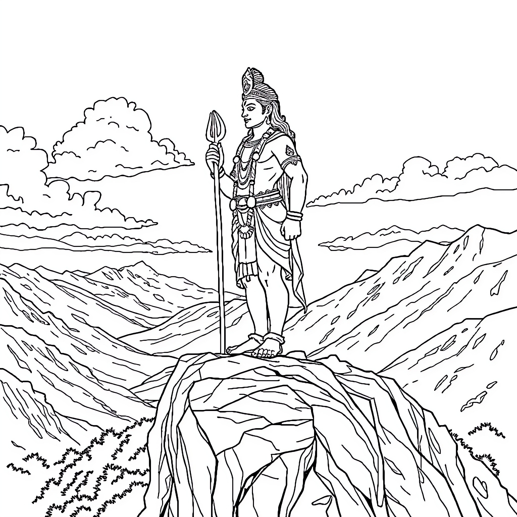 Hanuman standing heroically on a mountain top Coloring Page (free black-and-white line drawing printable PDF for all, from beginners to advanced learners, including children, teens, adults, and seniors)