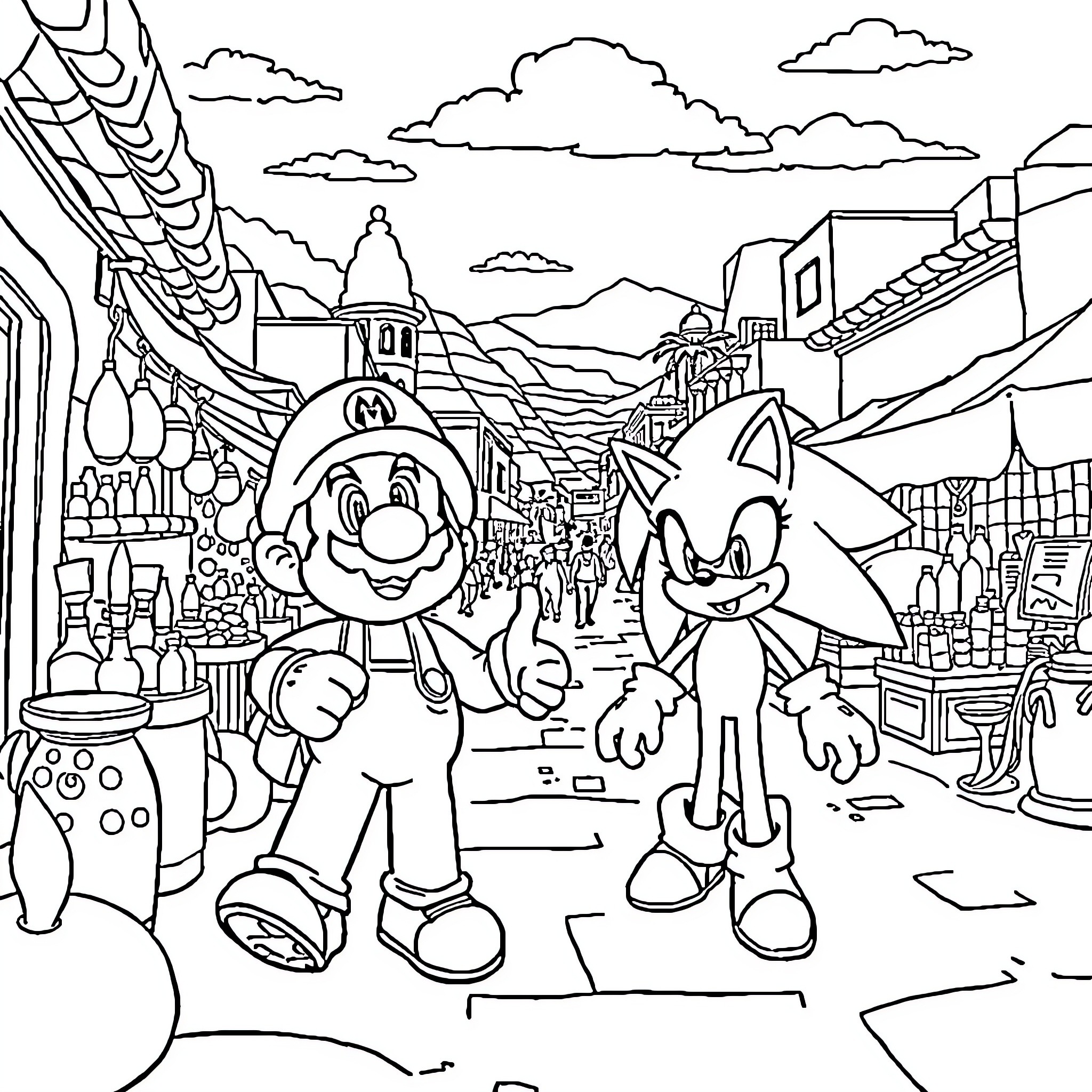 Mario and Sonic enjoying the city scene Coloring Page (free black-and-white line drawing printable PDF for all, from beginners to advanced learners, including children, teens, adults, and seniors)