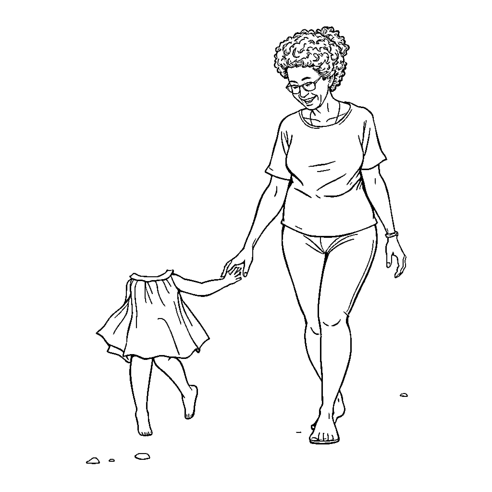 Grandmother walking barefoot with young child Coloring Page (free black-and-white line drawing printable PDF for all, from beginners to advanced learners, including children, teens, adults, and seniors)