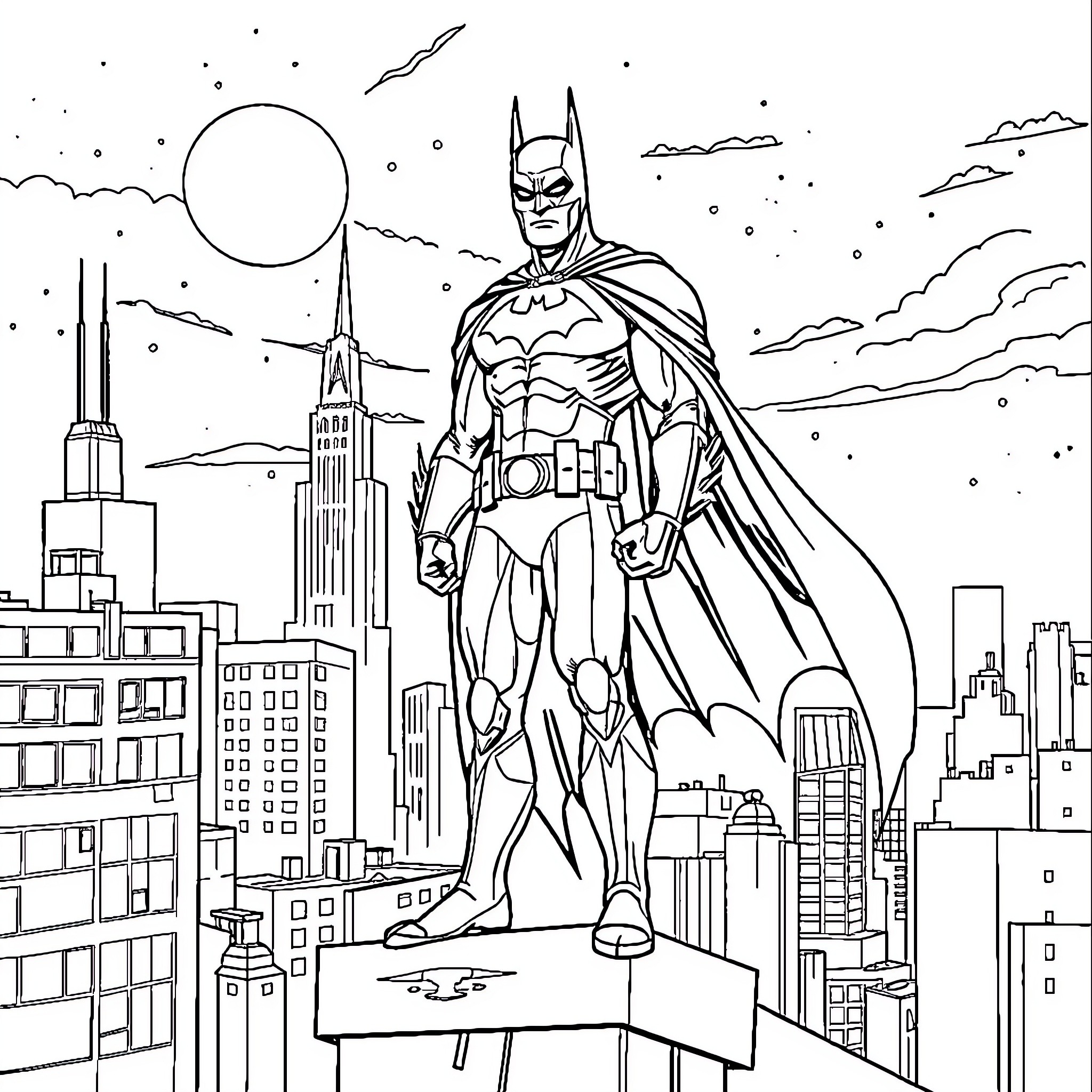 Batman surveying the cityscape from a rooftop Coloring Page (free black-and-white line drawing printable PDF for all, from beginners to advanced learners, including children, teens, adults, and seniors)
