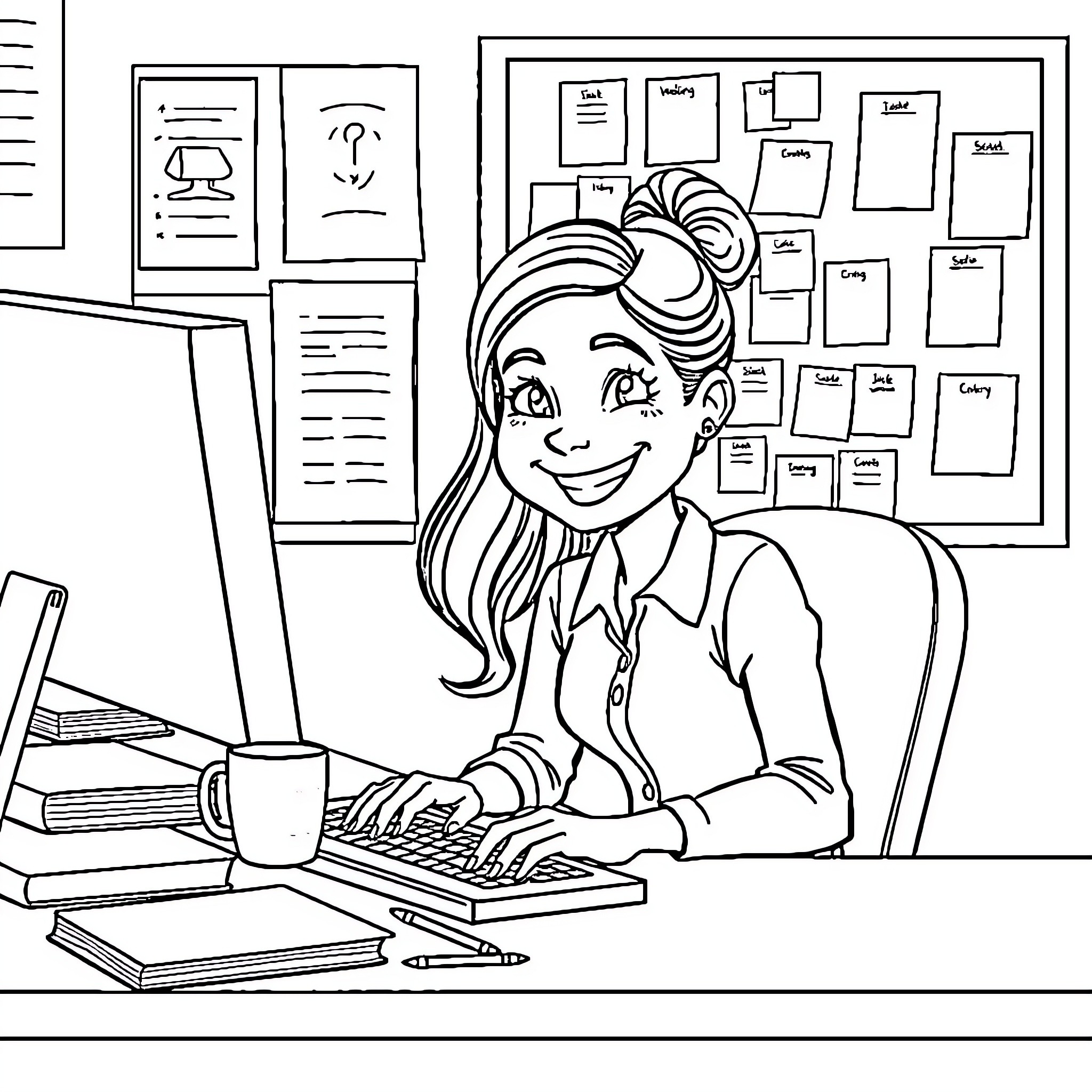Girl working diligently at her desk Coloring Page (free black-and-white line drawing printable PDF for all, from beginners to advanced learners, including children, teens, adults, and seniors)