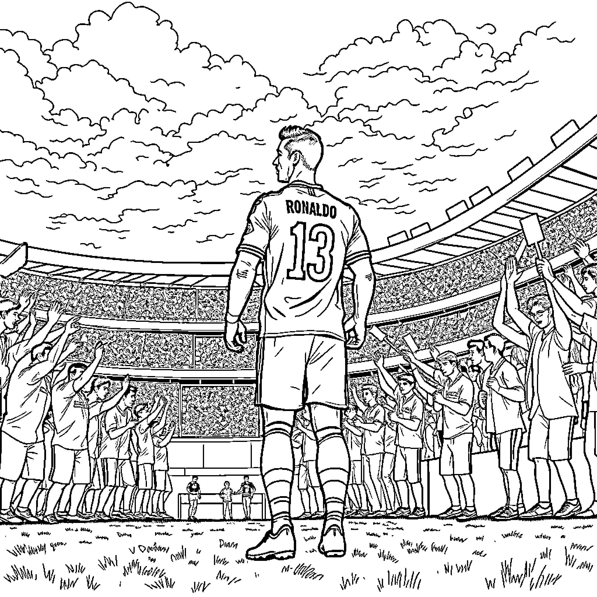 Cristiano Ronaldo on the pitch during a match Coloring Page (free black-and-white line drawing printable PDF for all, from beginners to advanced learners, including children, teens, adults, and seniors)