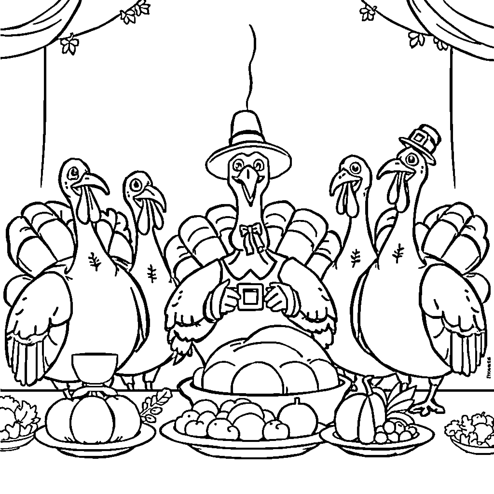 Turkey gathering around a feast table Coloring Page (free black-and-white line drawing printable PDF for all, from beginners to advanced learners, including children, teens, adults, and seniors)
