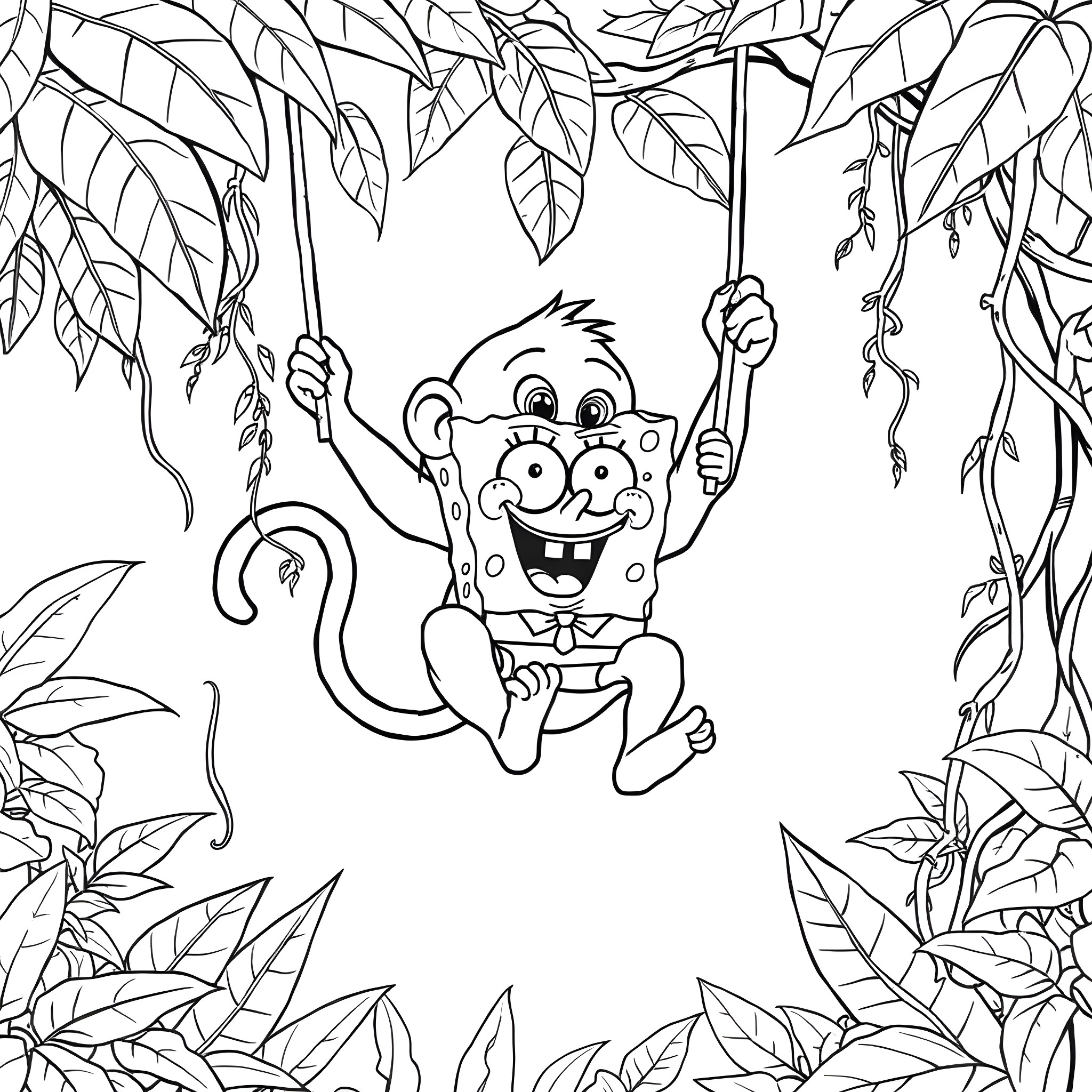 Monkey swinging happily in the jungle Coloring Page (free black-and-white line drawing printable PDF for all, from beginners to advanced learners, including children, teens, adults, and seniors)