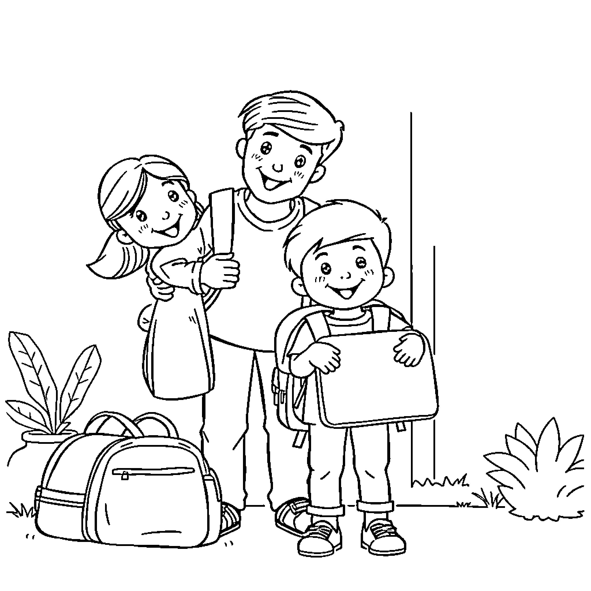 Family Readying for School Day Coloring Page (free black-and-white line drawing printable PDF for all, from beginners to advanced learners, including children, teens, adults, and seniors)