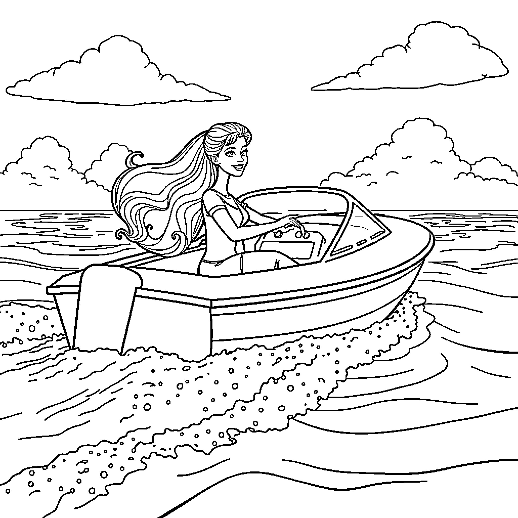 Barbie boating on the beach Coloring Page (free black-and-white line drawing printable PDF for all, from beginners to advanced learners, including children, teens, adults, and seniors)