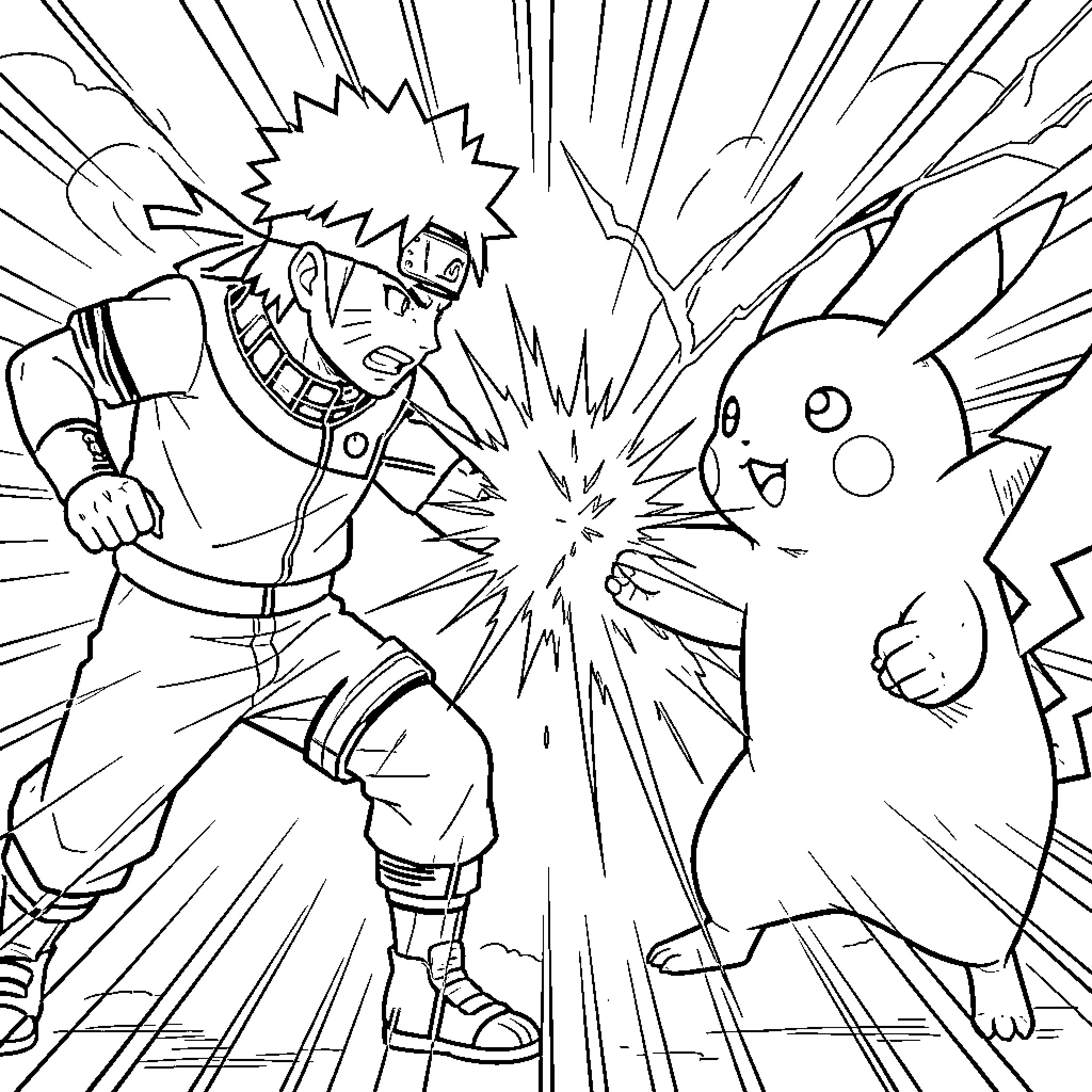 Naruto battling Pikachu in an intense action scene Coloring Page (free black-and-white line drawing printable PDF for all, from beginners to advanced learners, including children, teens, adults, and seniors)