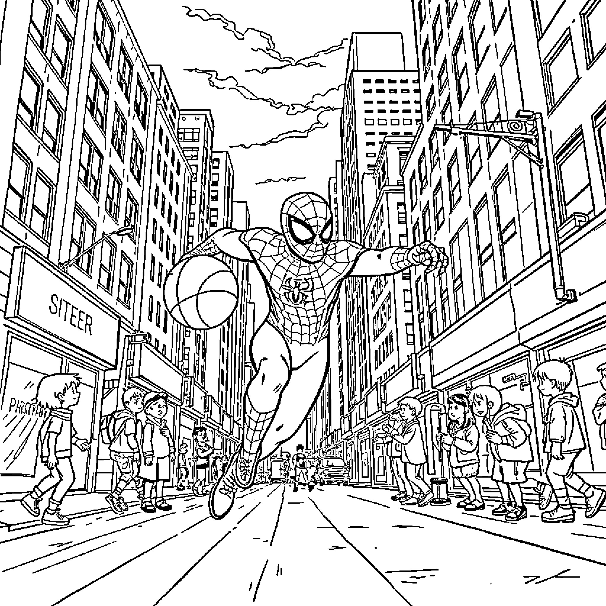 Spiderman swinging through the busy city streets Coloring Page (free black-and-white line drawing printable PDF for all, from beginners to advanced learners, including children, teens, adults, and seniors)