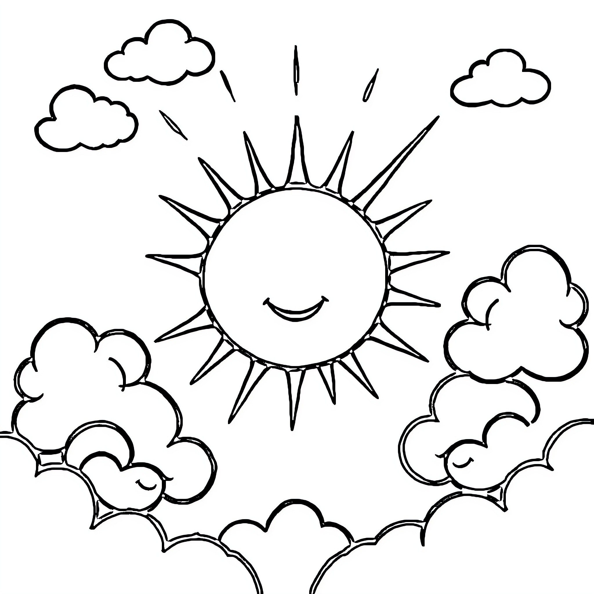 Sun smiling amid fluffy clouds Coloring Page (free black-and-white line drawing printable PDF for all, from beginners to advanced learners, including children, teens, adults, and seniors)
