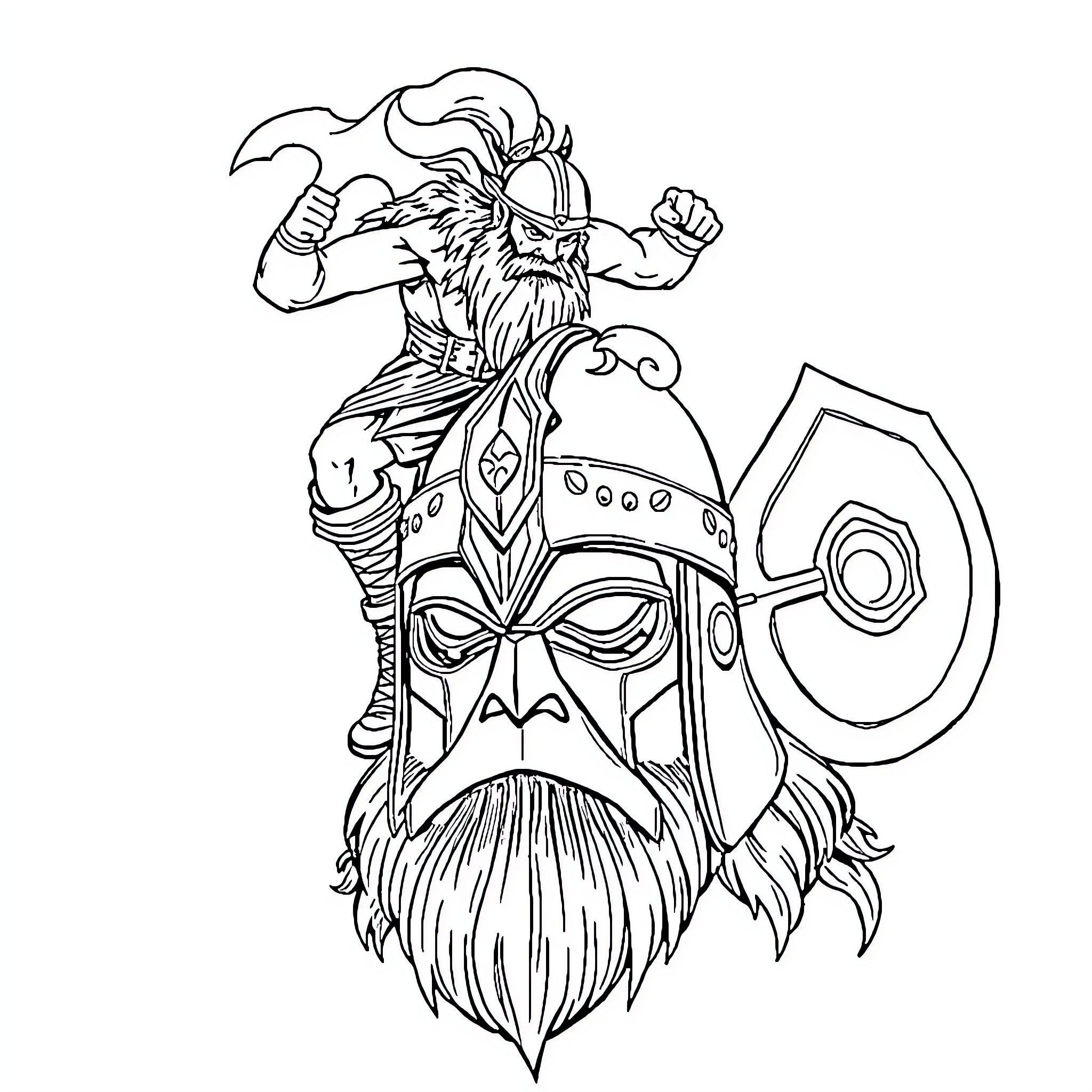 Viking warrior brandishing axe and shield in battle stance Coloring Page (free black-and-white line drawing printable PDF for all, from beginners to advanced learners, including children, teens, adults, and seniors)